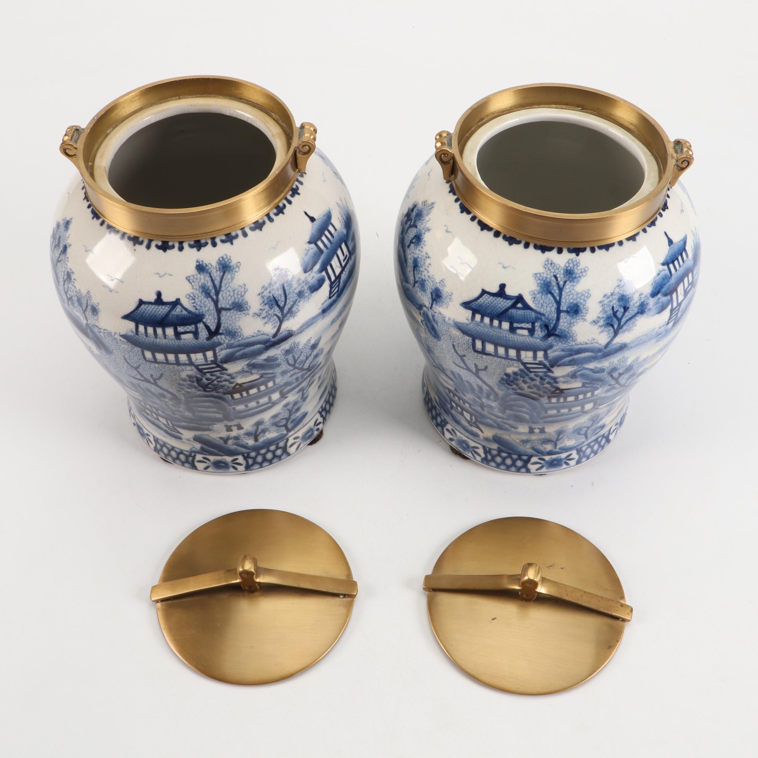 Chinese Blue Willow Style Porcelain Urns with Brass Lids