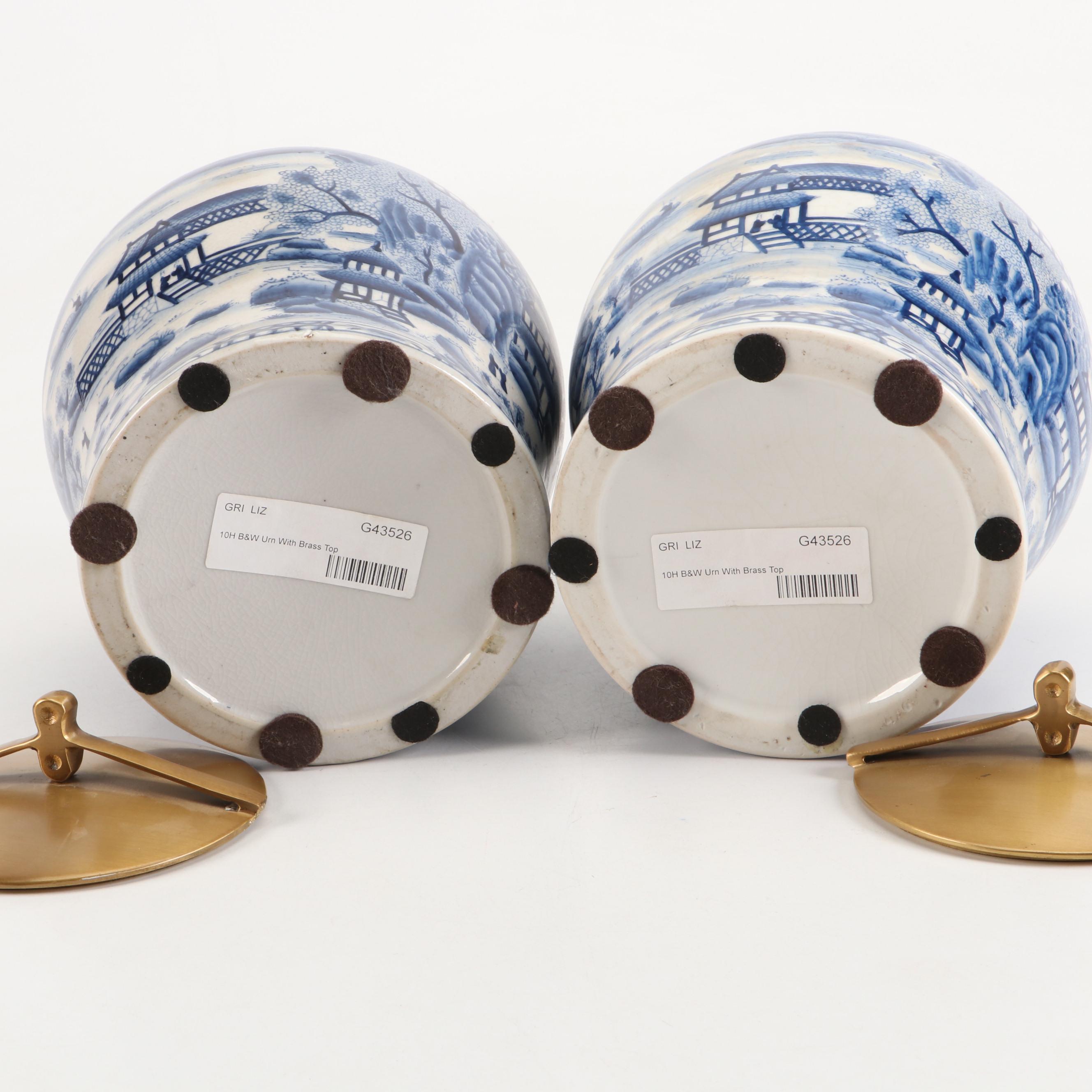 Chinese Blue Willow Style Porcelain Urns with Brass Lids