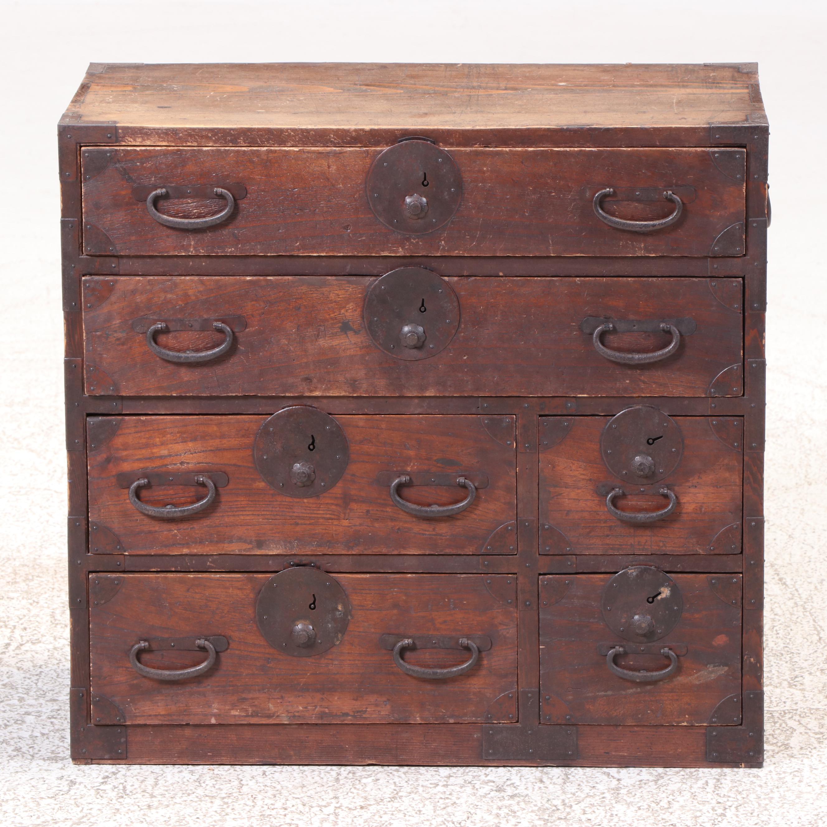 Japanese Iron-Mounted Pine Six-Drawer Tansu