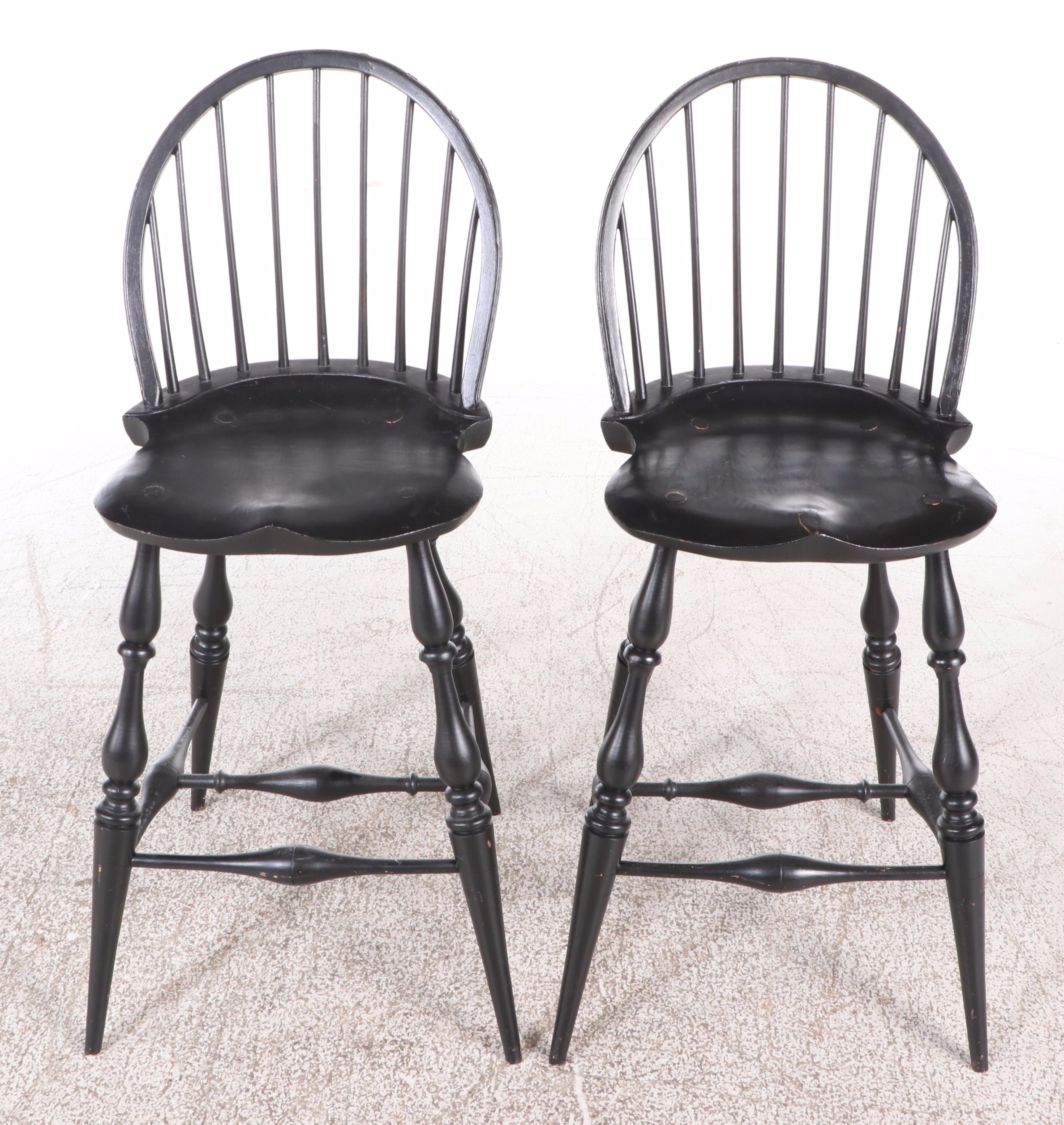 Pair of Colonial Style Ebonized Bow-Back Windsor Counter Stools