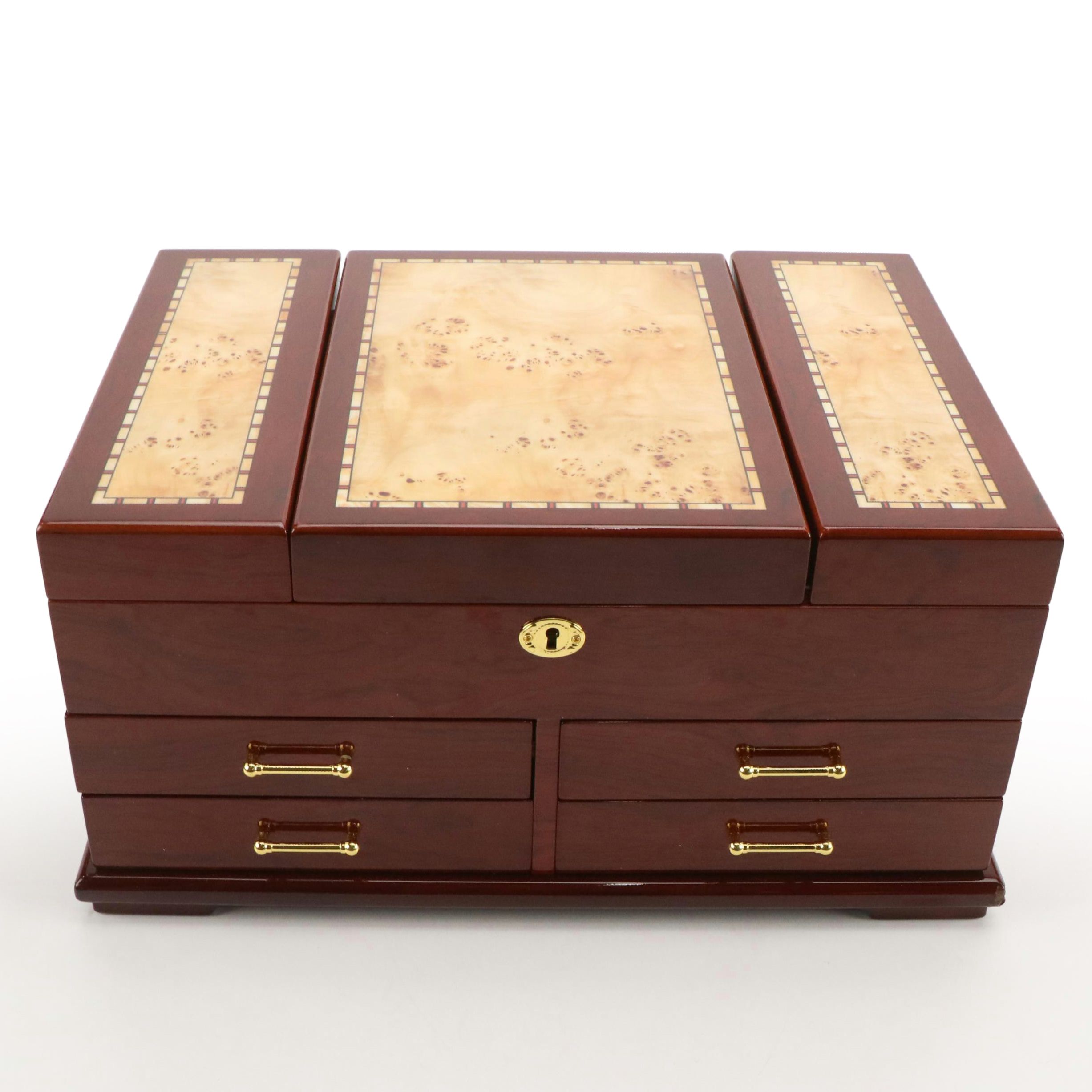 Jere High Gloss Burl Wood Finish Locking Jewelry Box