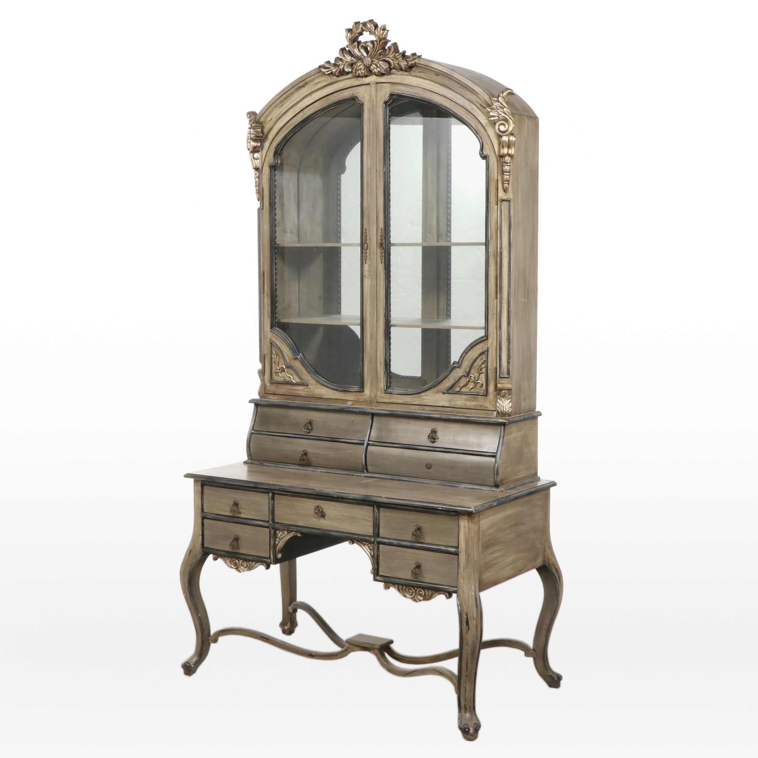 Rococo Style Painted Wood Secretary Desk with Hutch