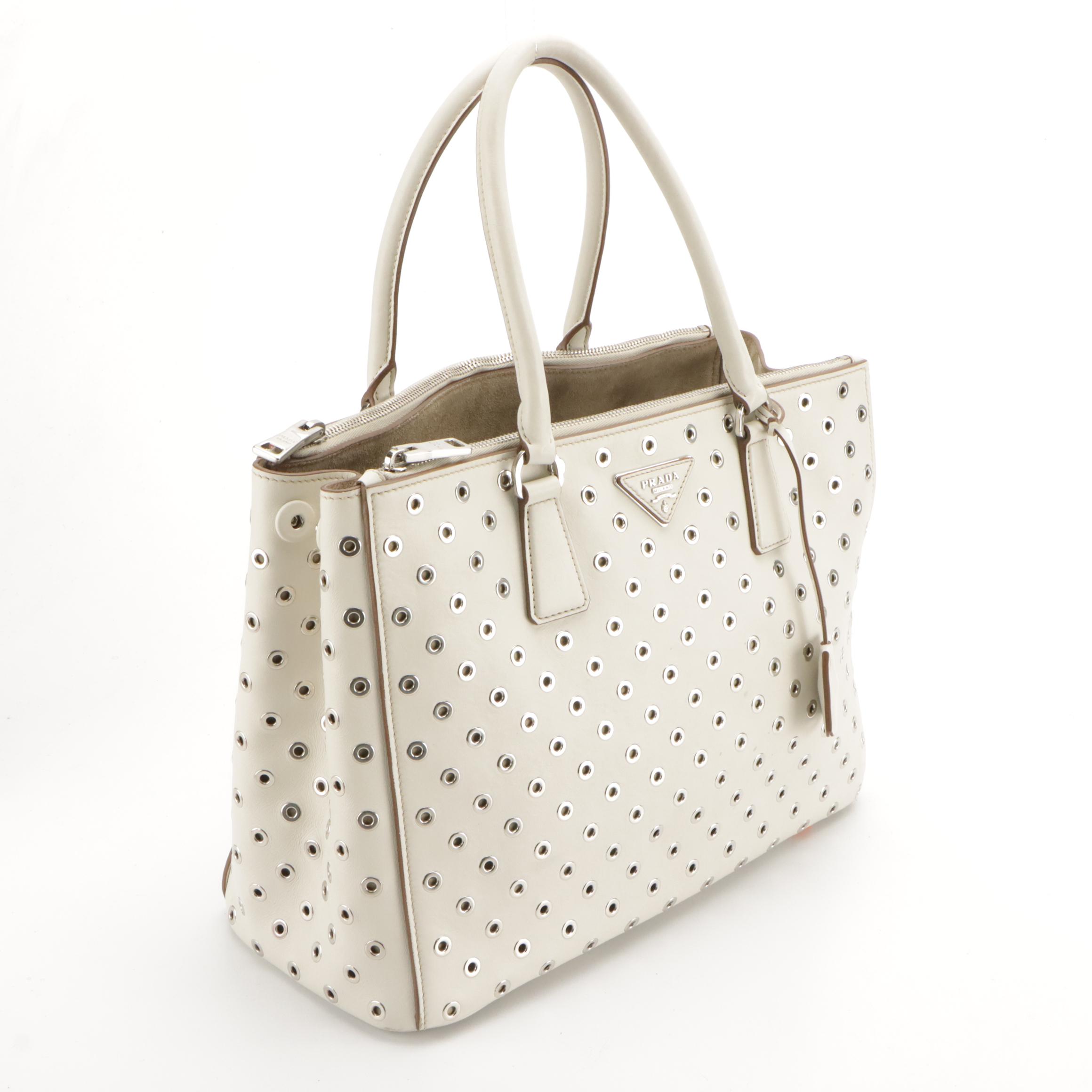 Prada Double-Zip Top Handle Tote in Grommet Embellished White Leather