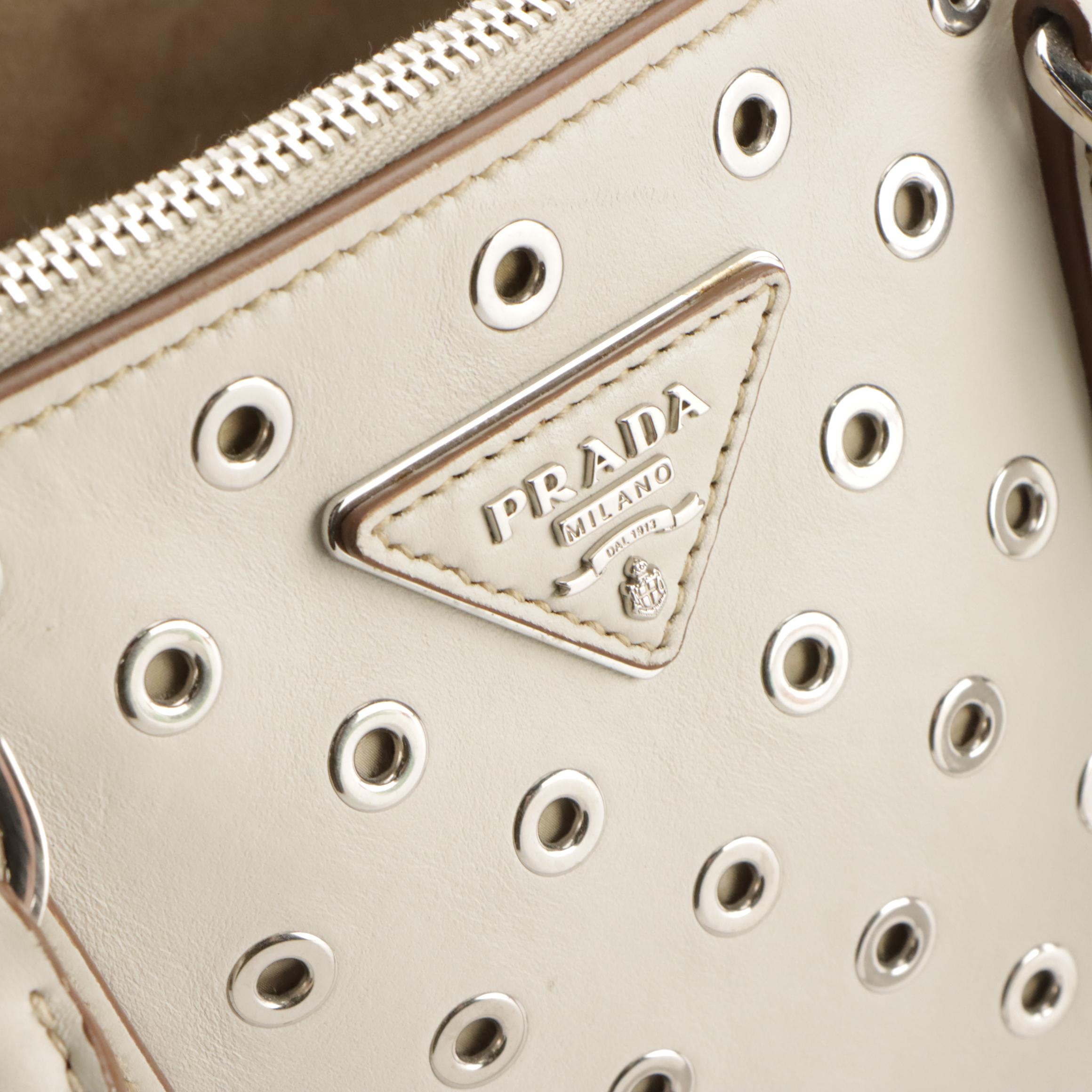 Prada Double-Zip Top Handle Tote in Grommet Embellished White Leather