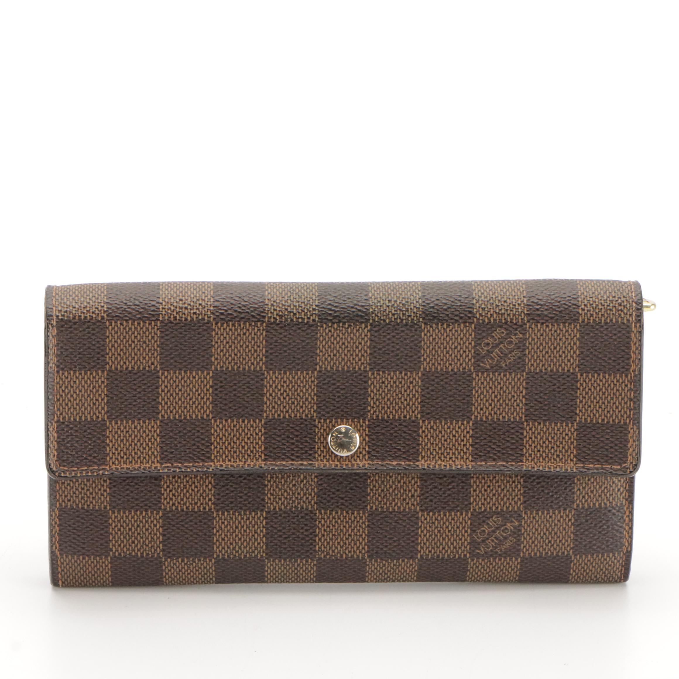 Louis Vuitton Sarah Wallet in Damier Ébène Coated Canvas and Brown Leather