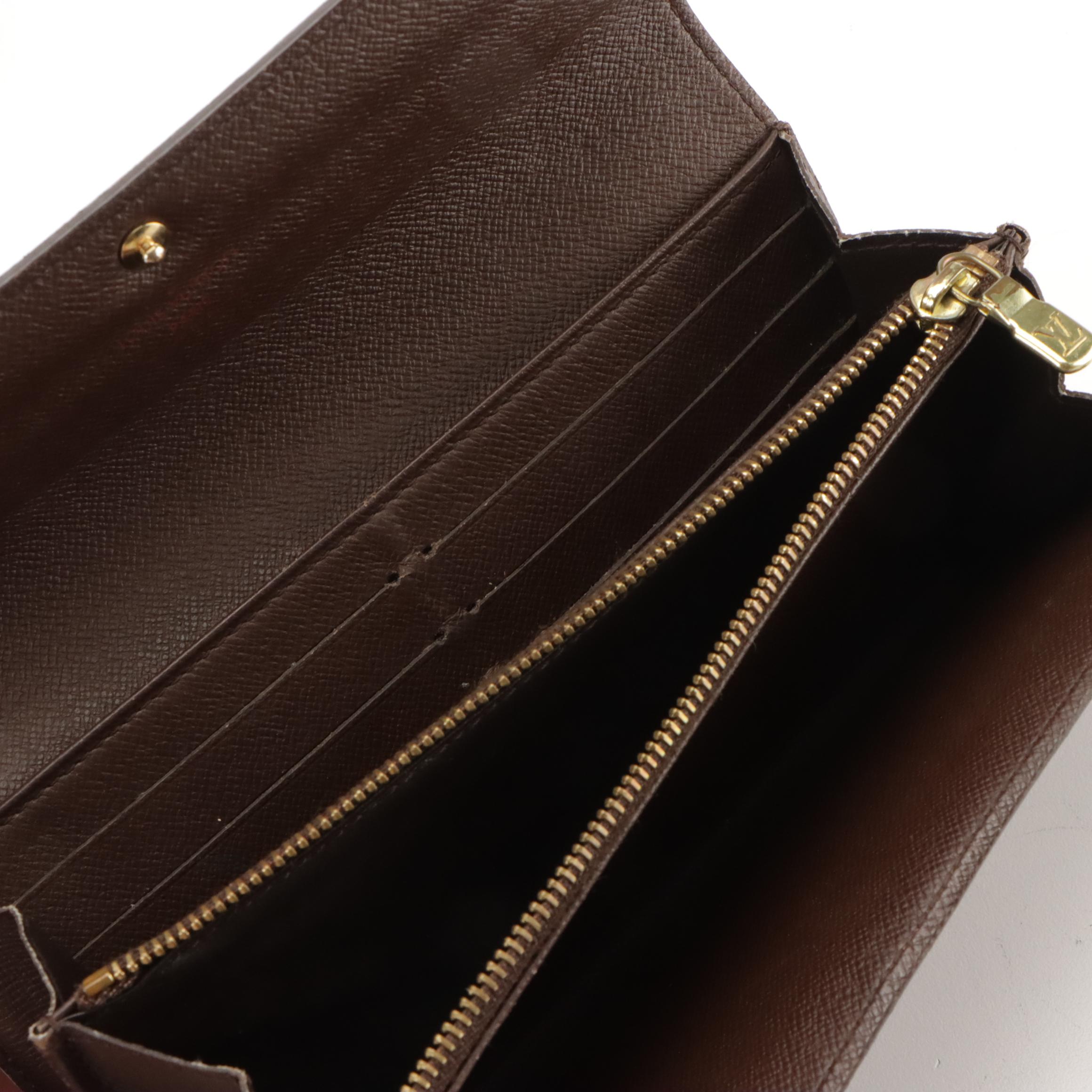 Louis Vuitton Sarah Wallet in Damier Ébène Coated Canvas and Brown Leather