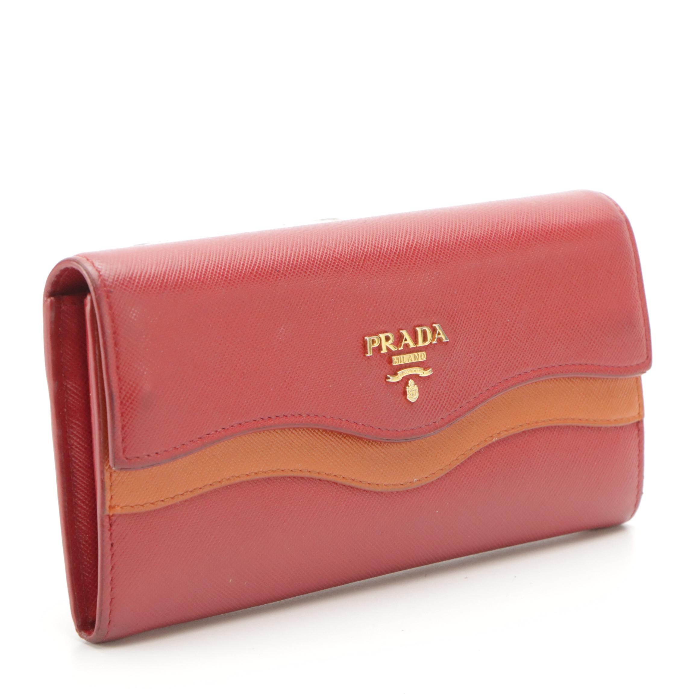 Prada Front Flap Long Wallet in Red and Orange Saffiano Wave Leather