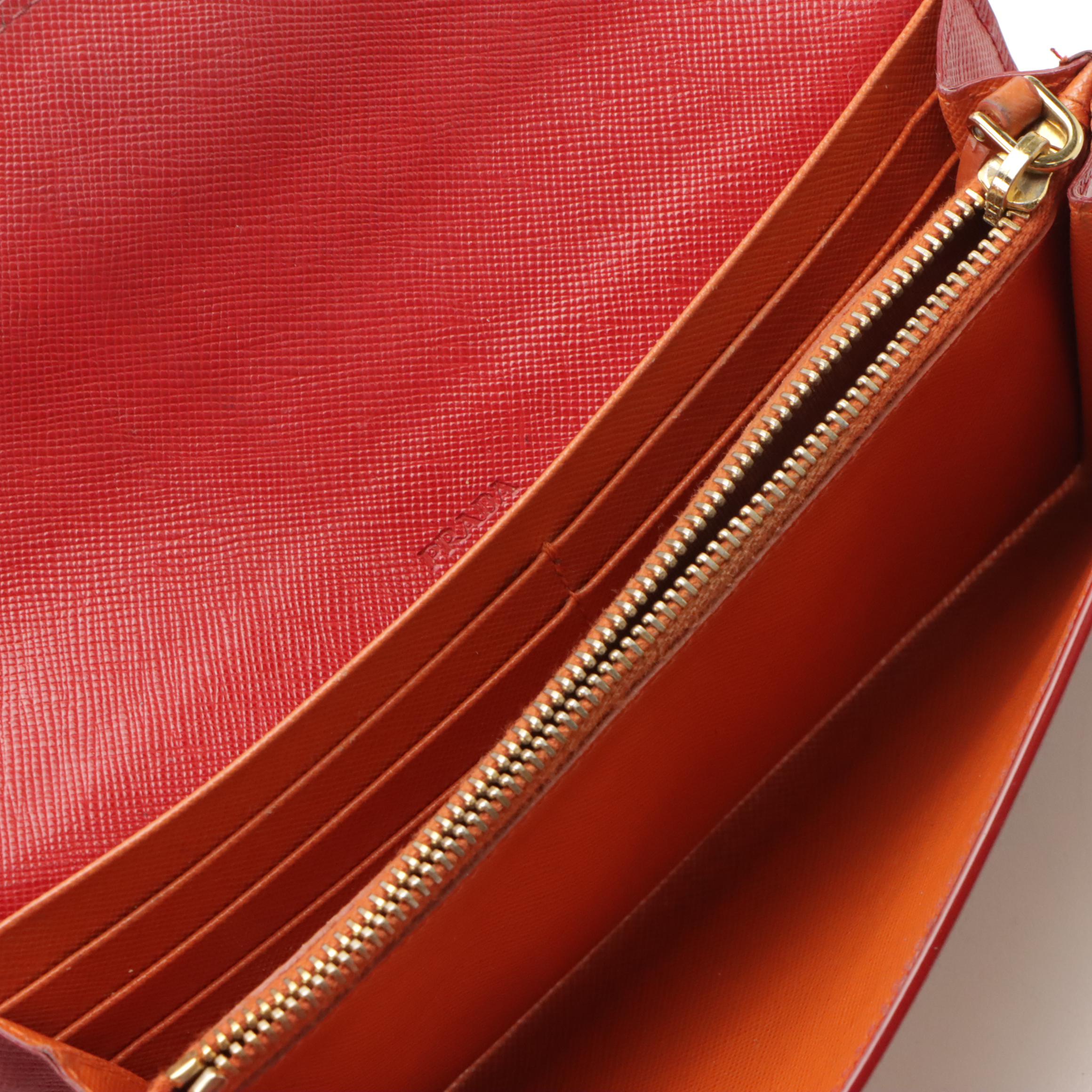 Prada Front Flap Long Wallet in Red and Orange Saffiano Wave Leather