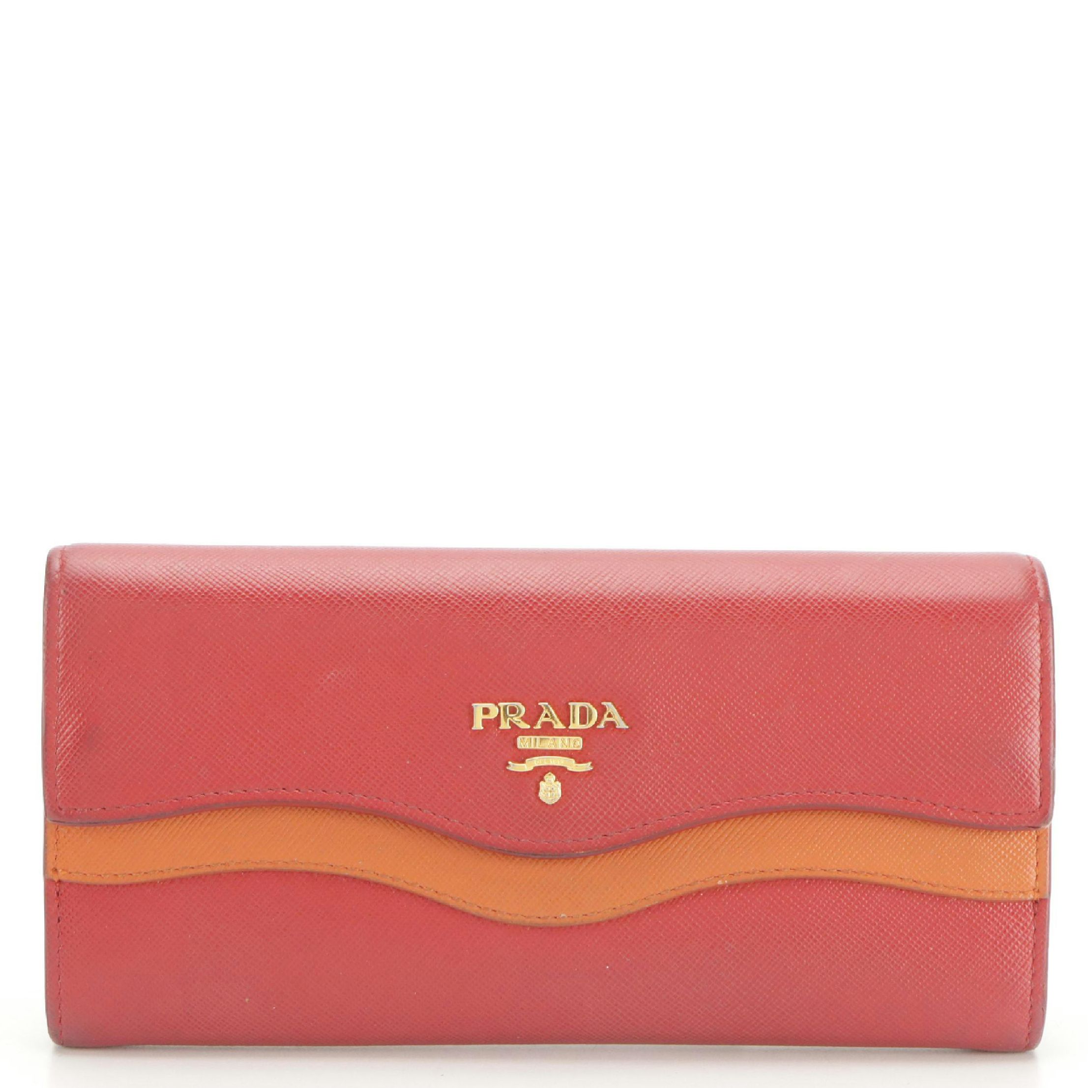 Prada Front Flap Long Wallet in Red and Orange Saffiano Wave Leather