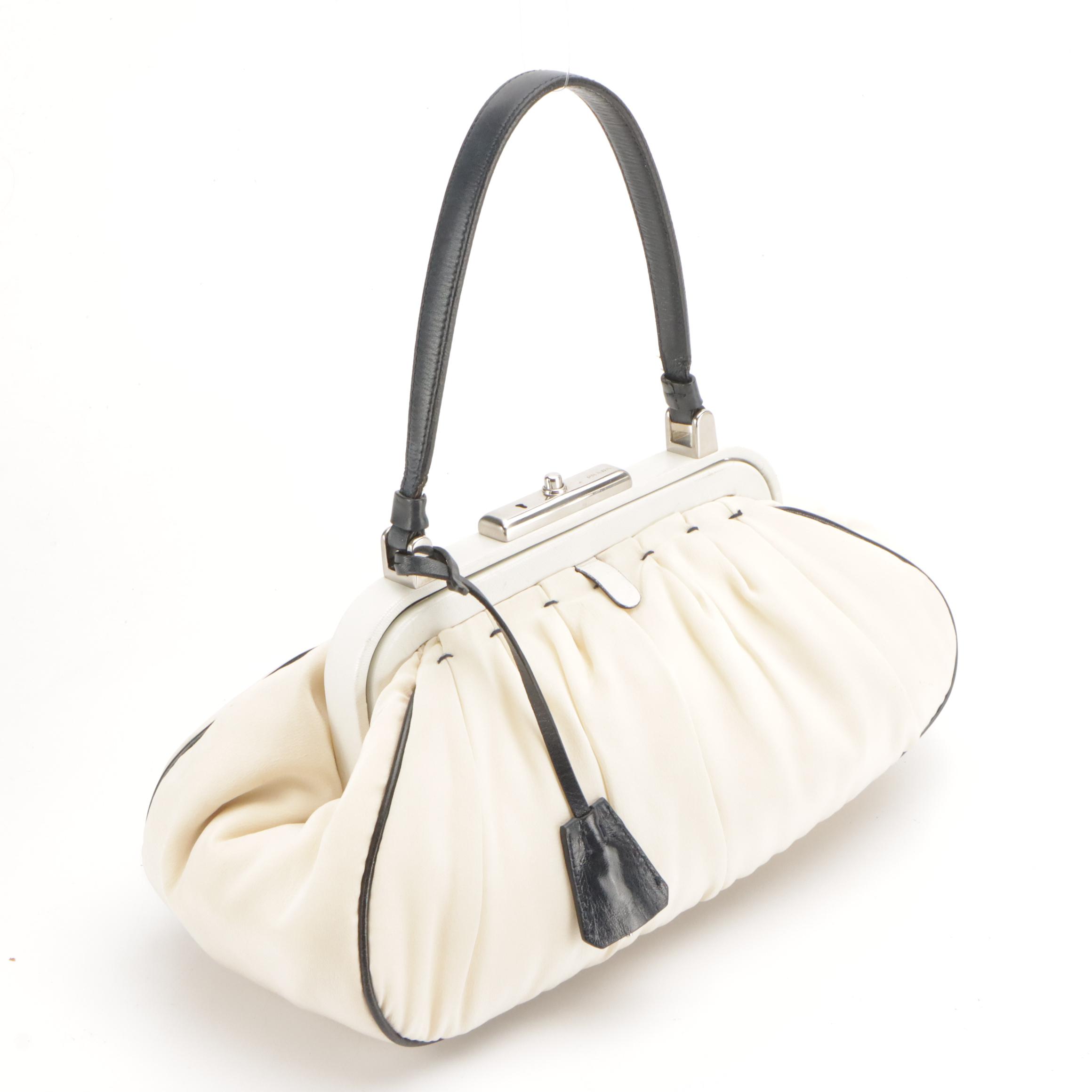 Prada Gathered Ivory Crepe Frame Handbag with Navy Blue Leather Trim