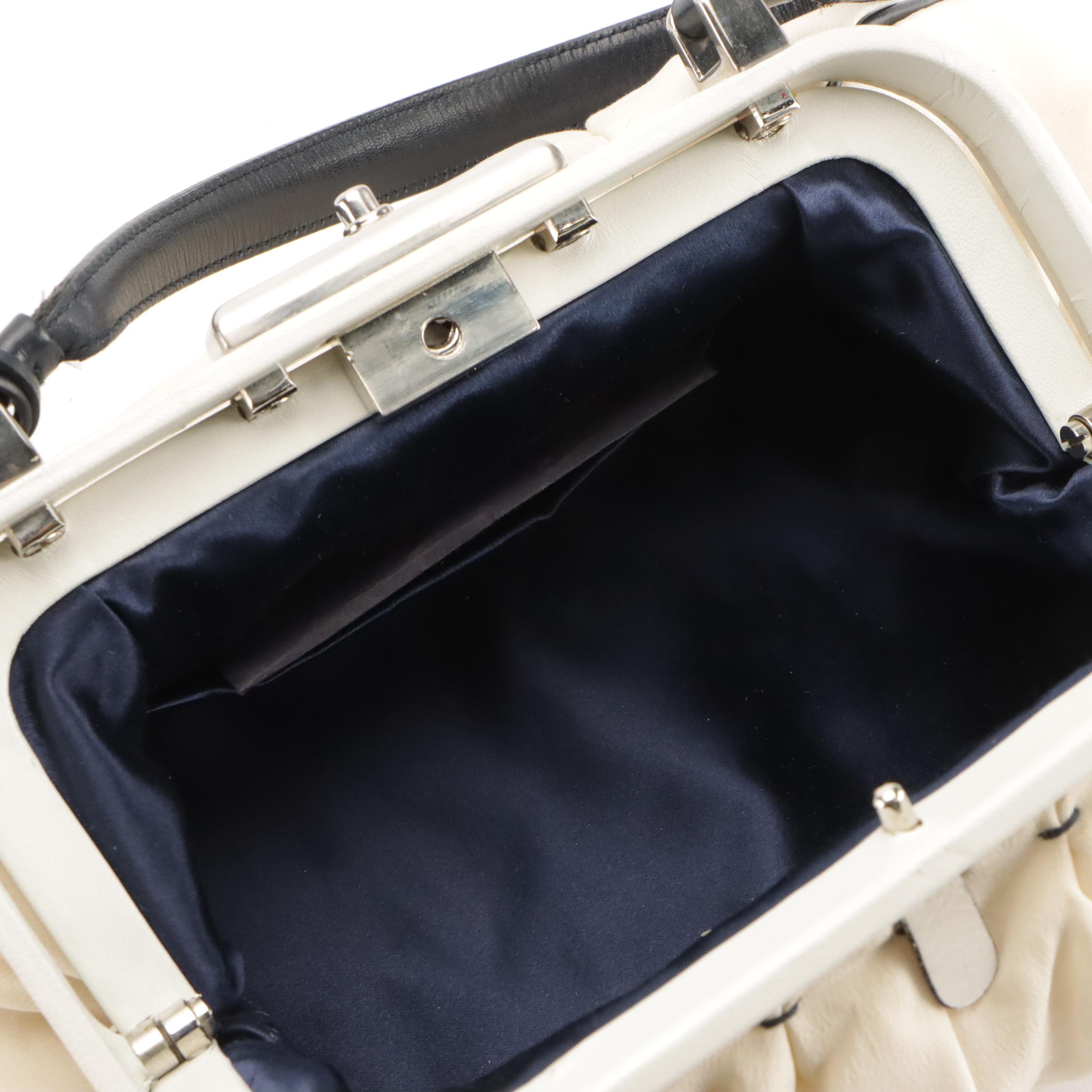 Prada Gathered Ivory Crepe Frame Handbag with Navy Blue Leather Trim