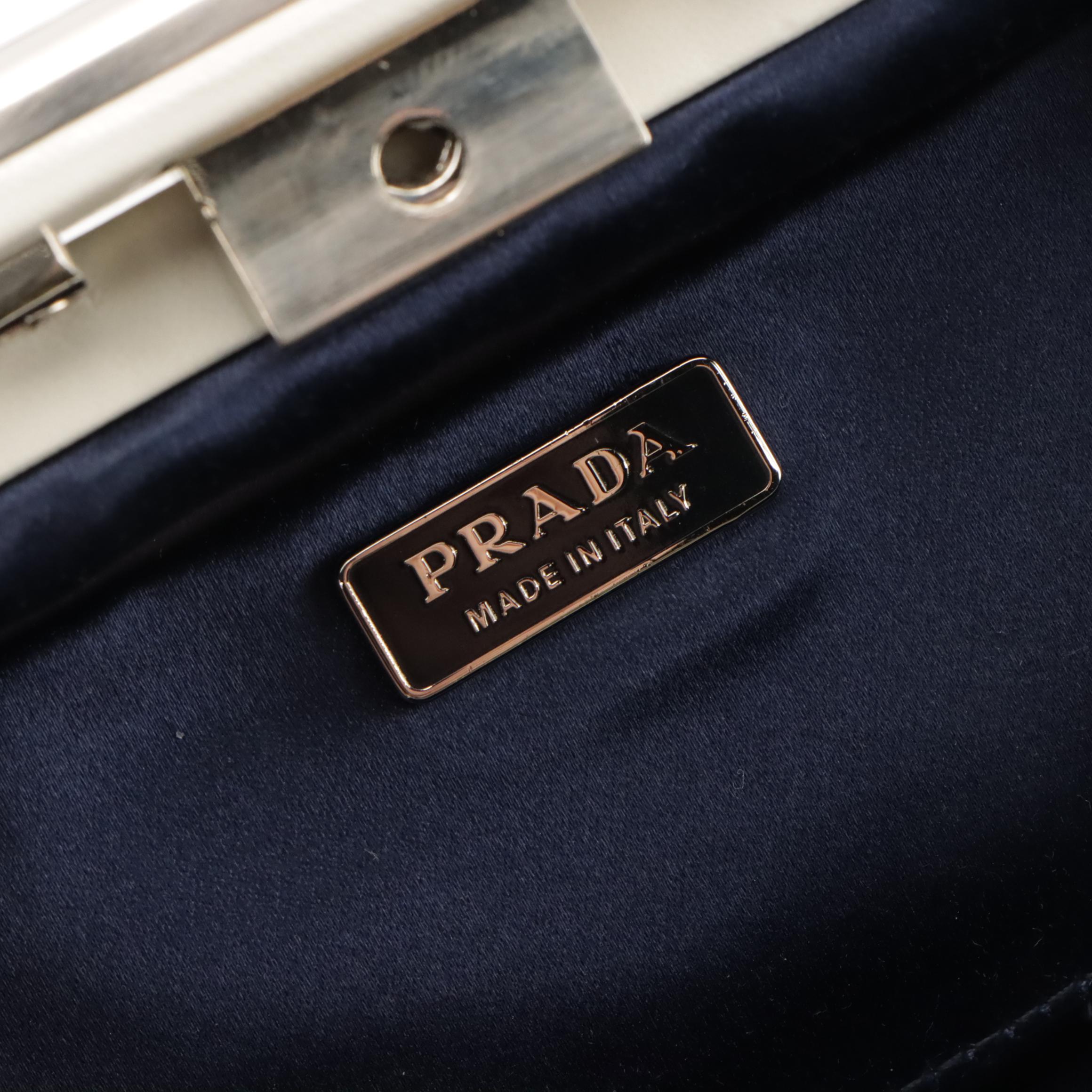 Prada Gathered Ivory Crepe Frame Handbag with Navy Blue Leather Trim