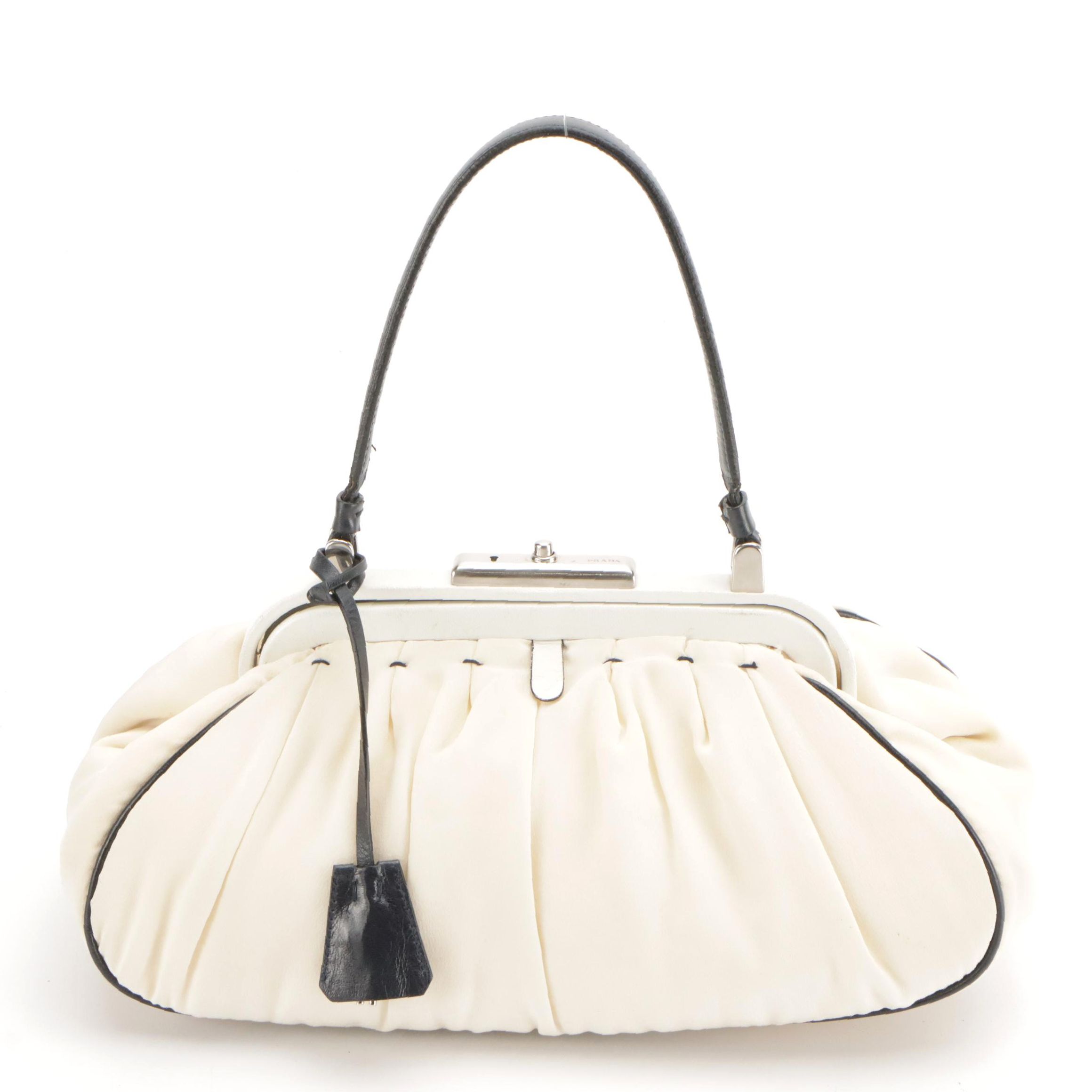 Prada Gathered Ivory Crepe Frame Handbag with Navy Blue Leather Trim
