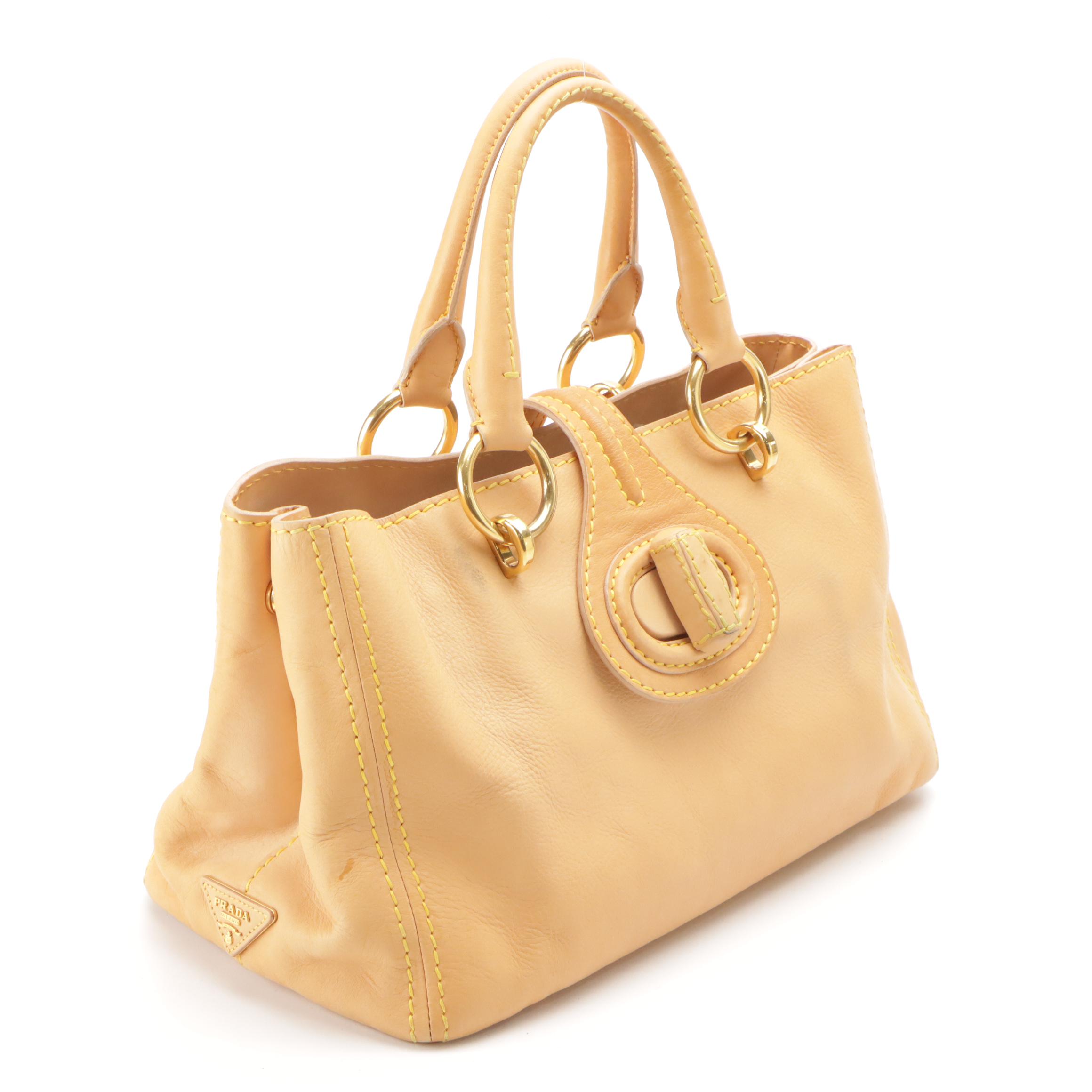 Prada Twist Lock Handbag Tote in Camel Calfskin Leather