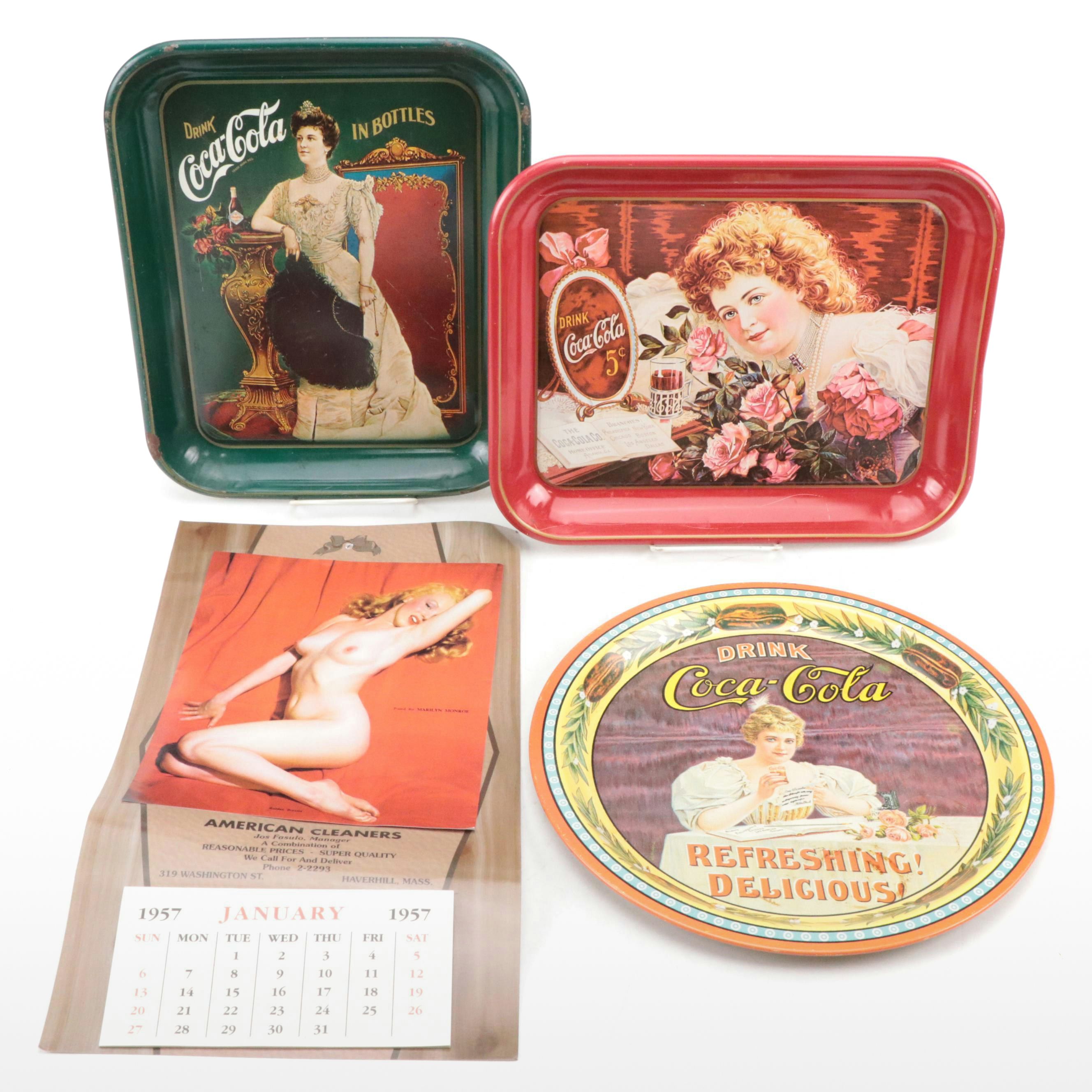 Replica Coca Cola Tip Trays and Reprinted Marilyn Monroe 1957 Calendar