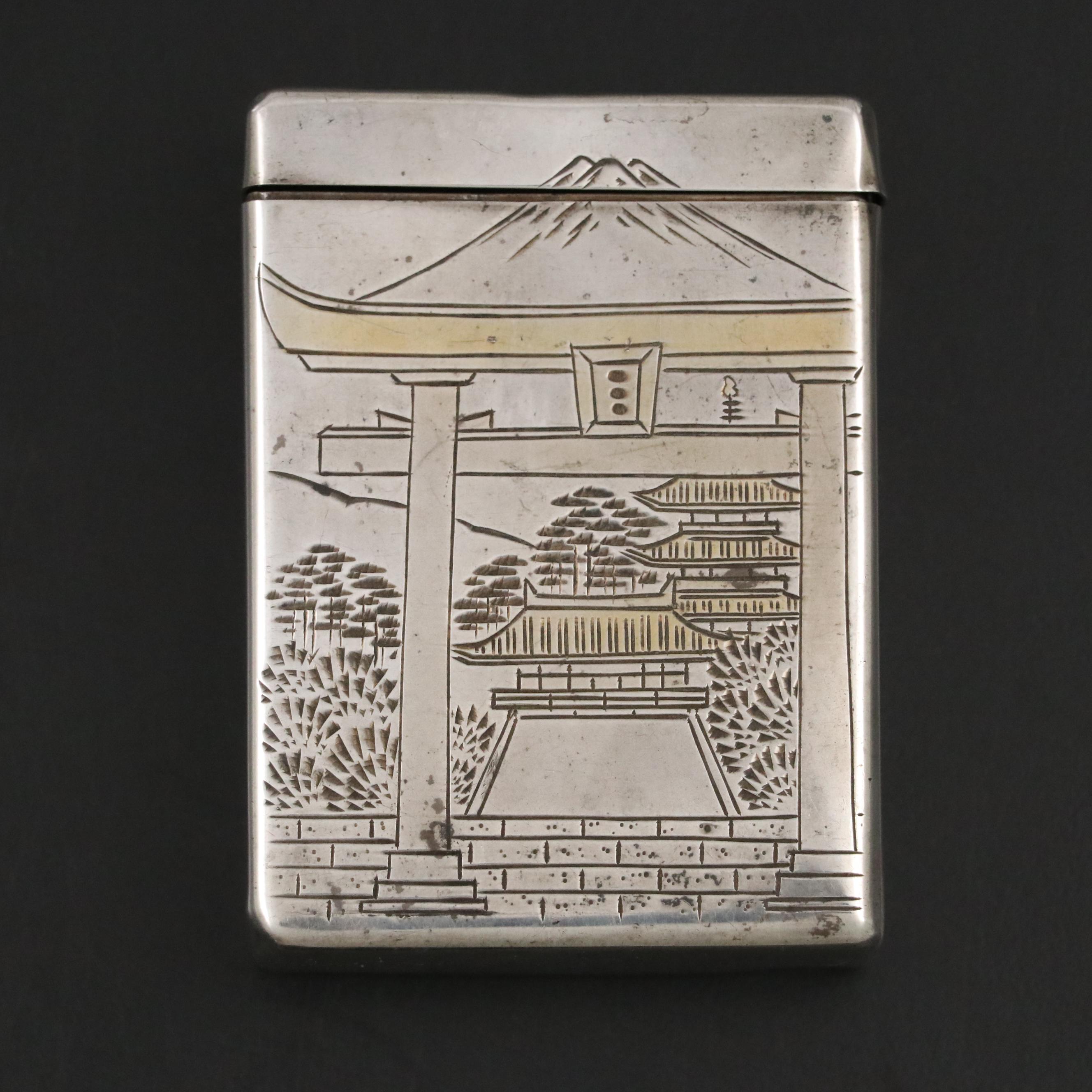 Gilt Sterling Silver Cigarette Case with Engraved Pagoda Scene
