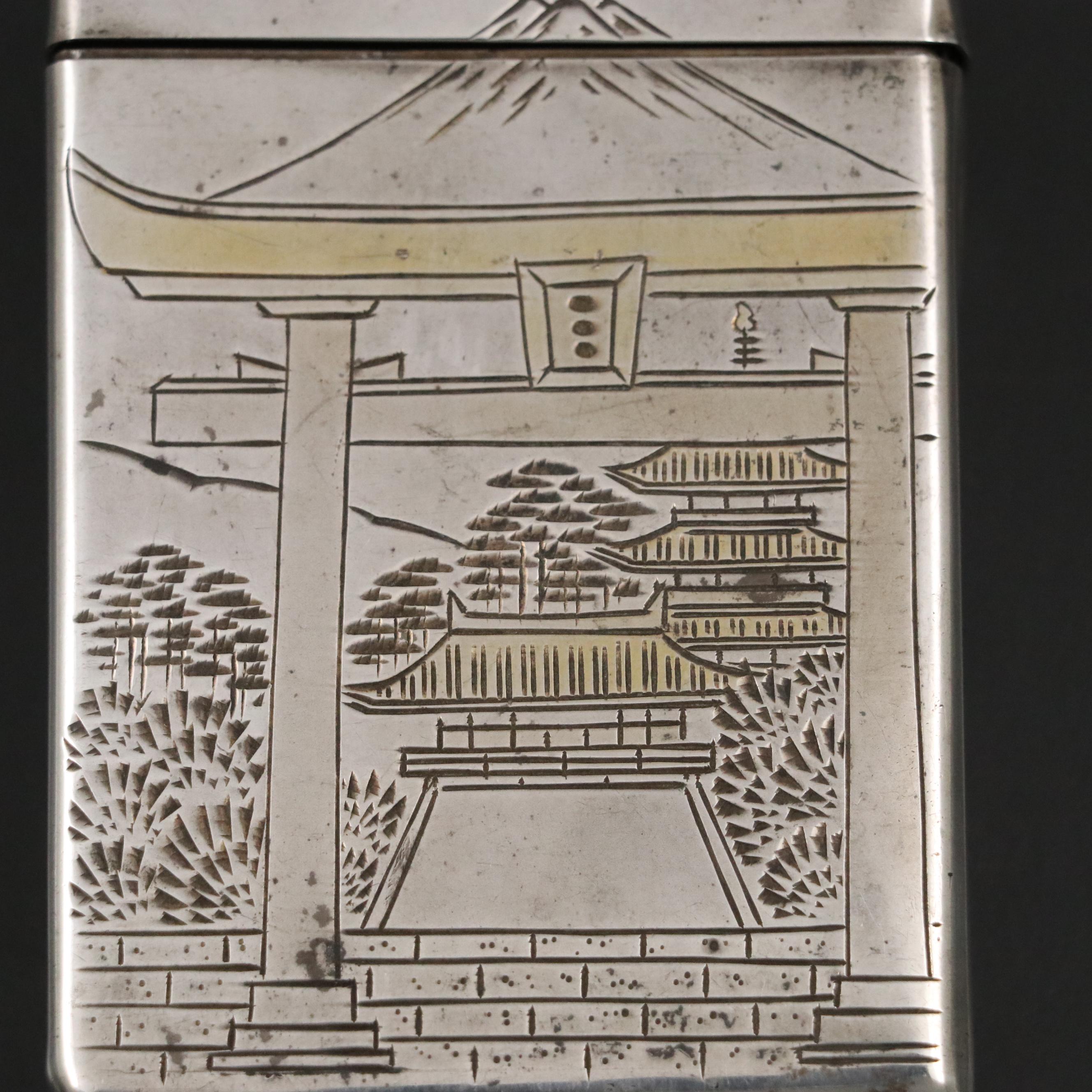 Gilt Sterling Silver Cigarette Case with Engraved Pagoda Scene