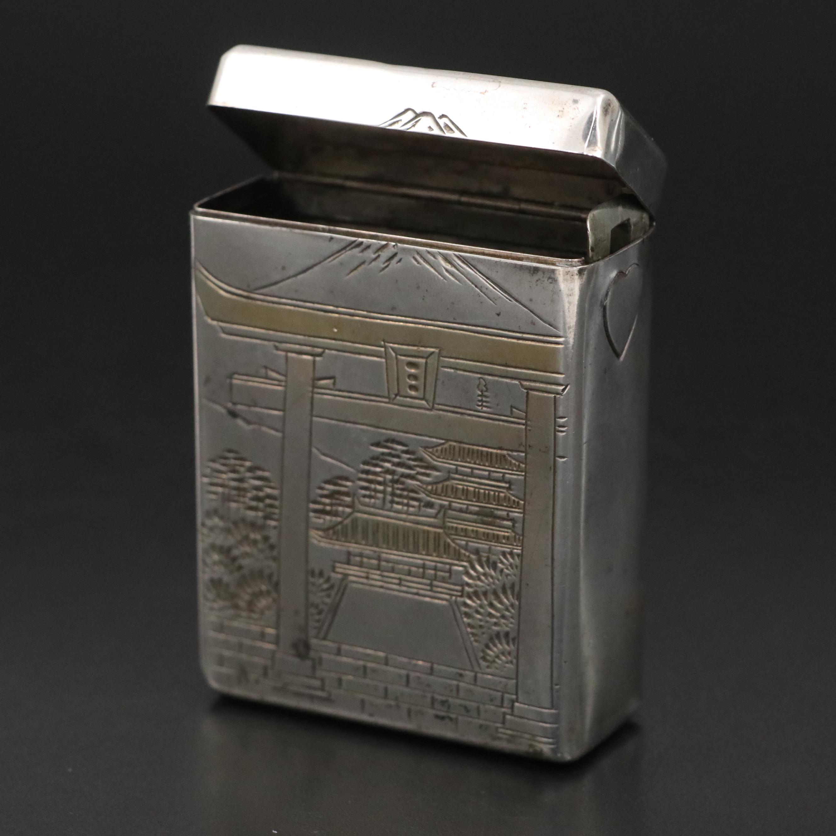 Gilt Sterling Silver Cigarette Case with Engraved Pagoda Scene