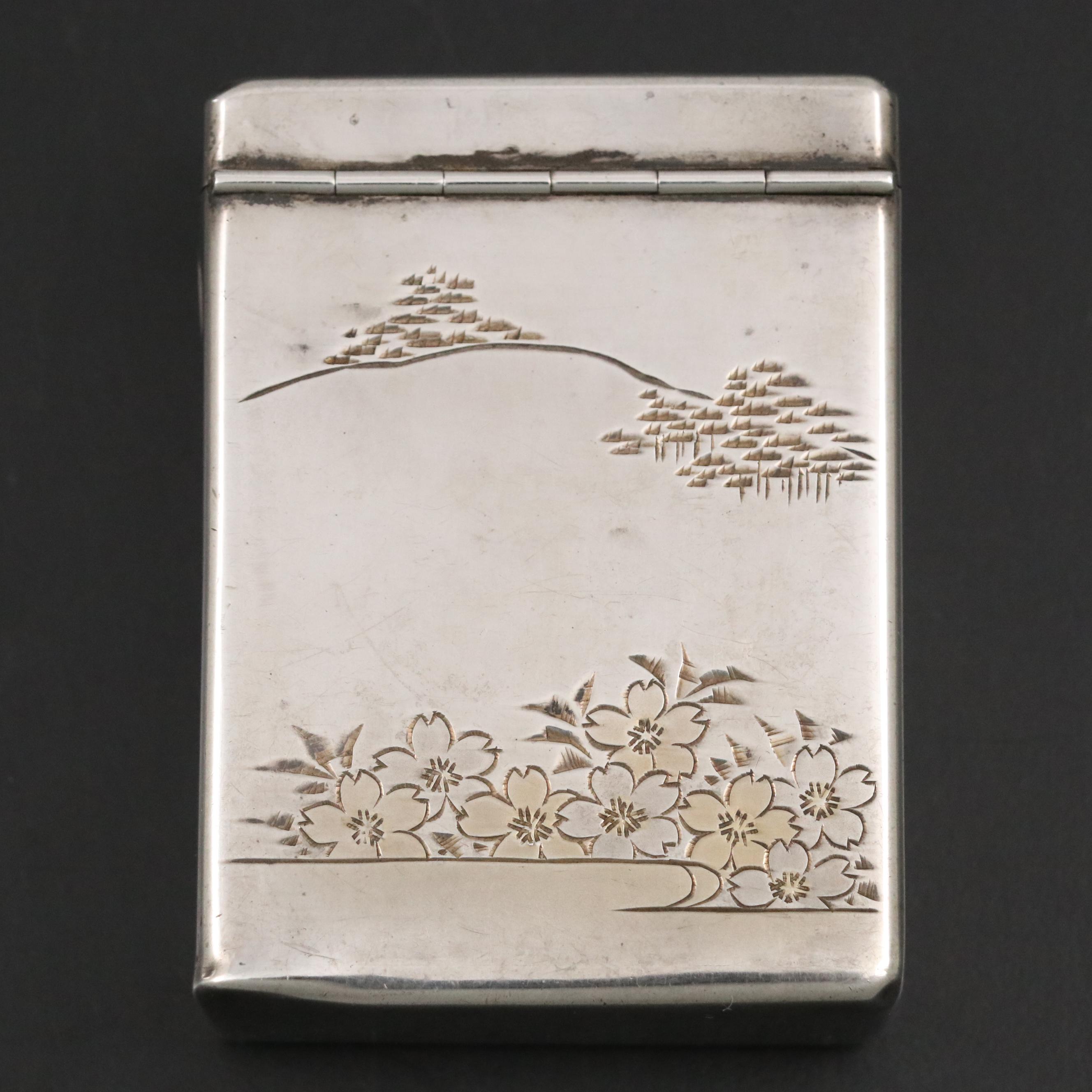 Gilt Sterling Silver Cigarette Case with Engraved Pagoda Scene