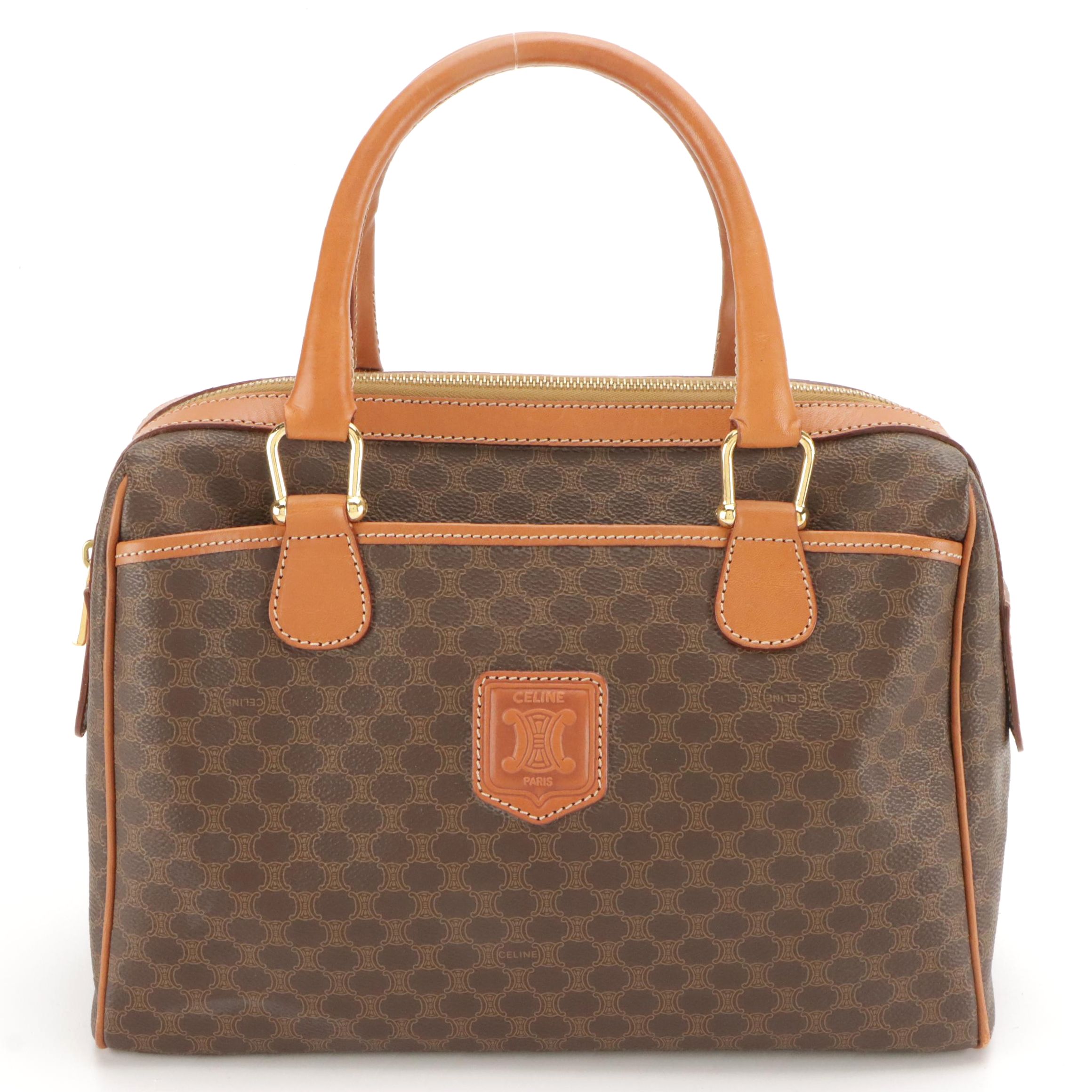 Celine Boston Bag in Brown Macadam Canvas and Leather