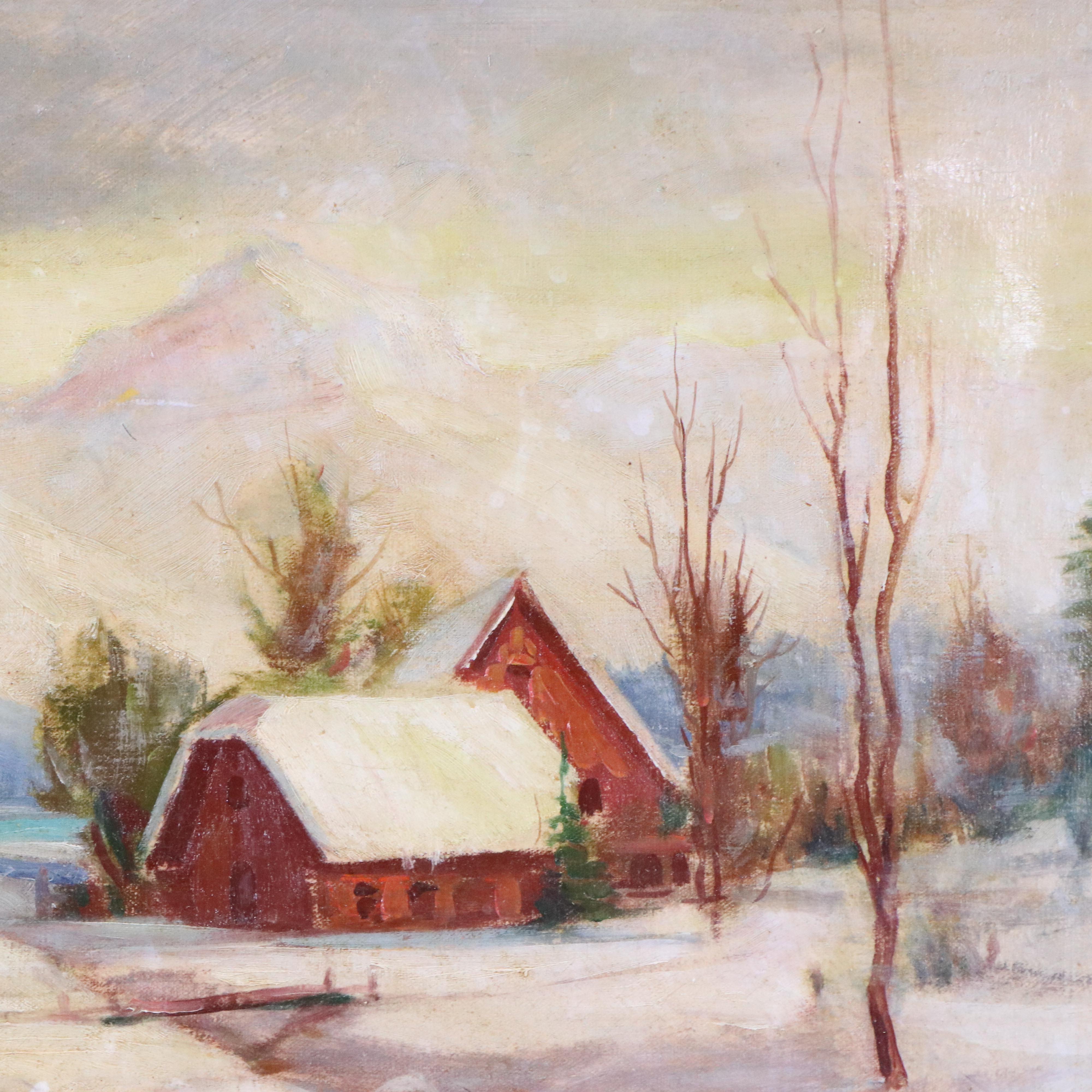 Oil Painting of Winter Mountain Farm Scene, Mid-20th Century