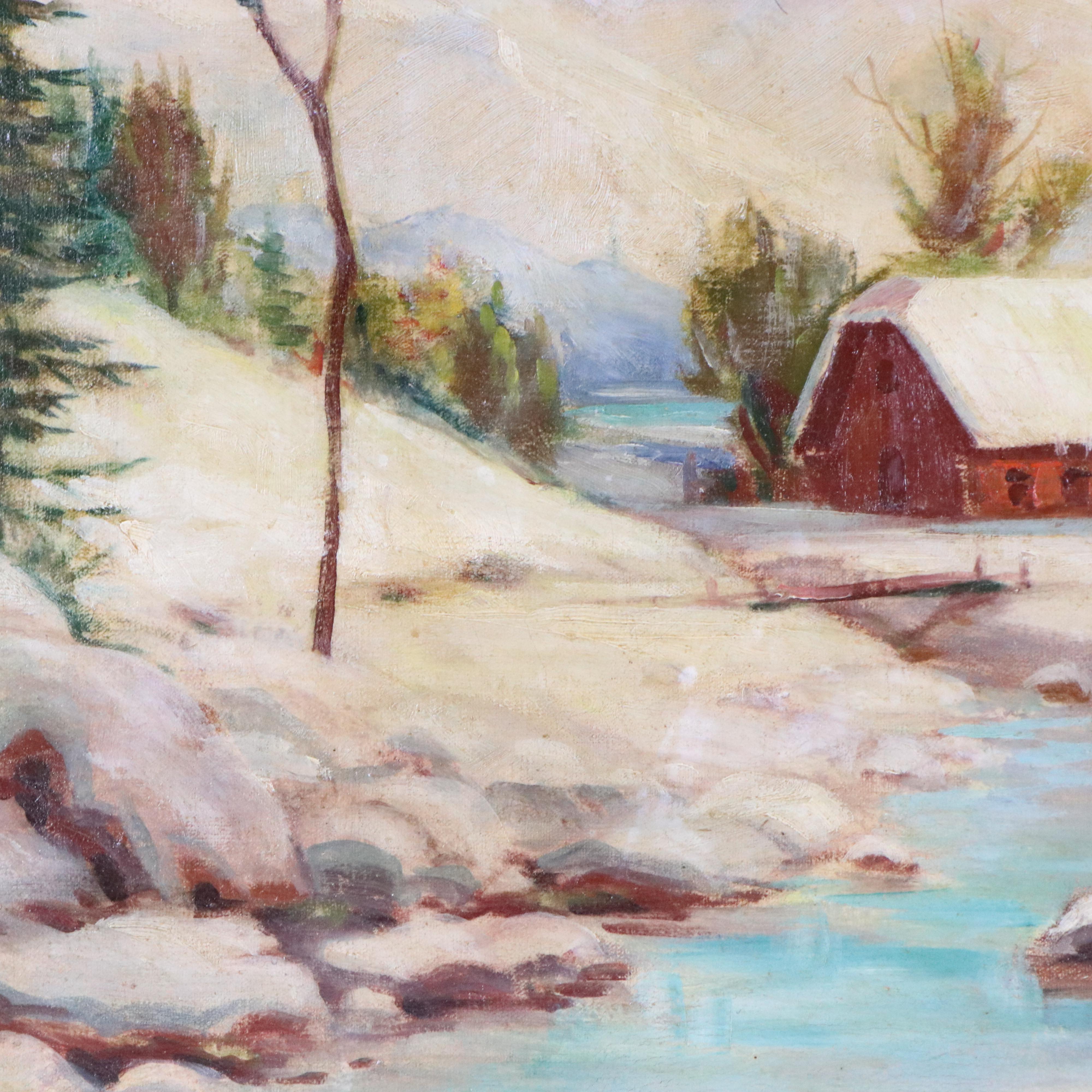 Oil Painting of Winter Mountain Farm Scene, Mid-20th Century