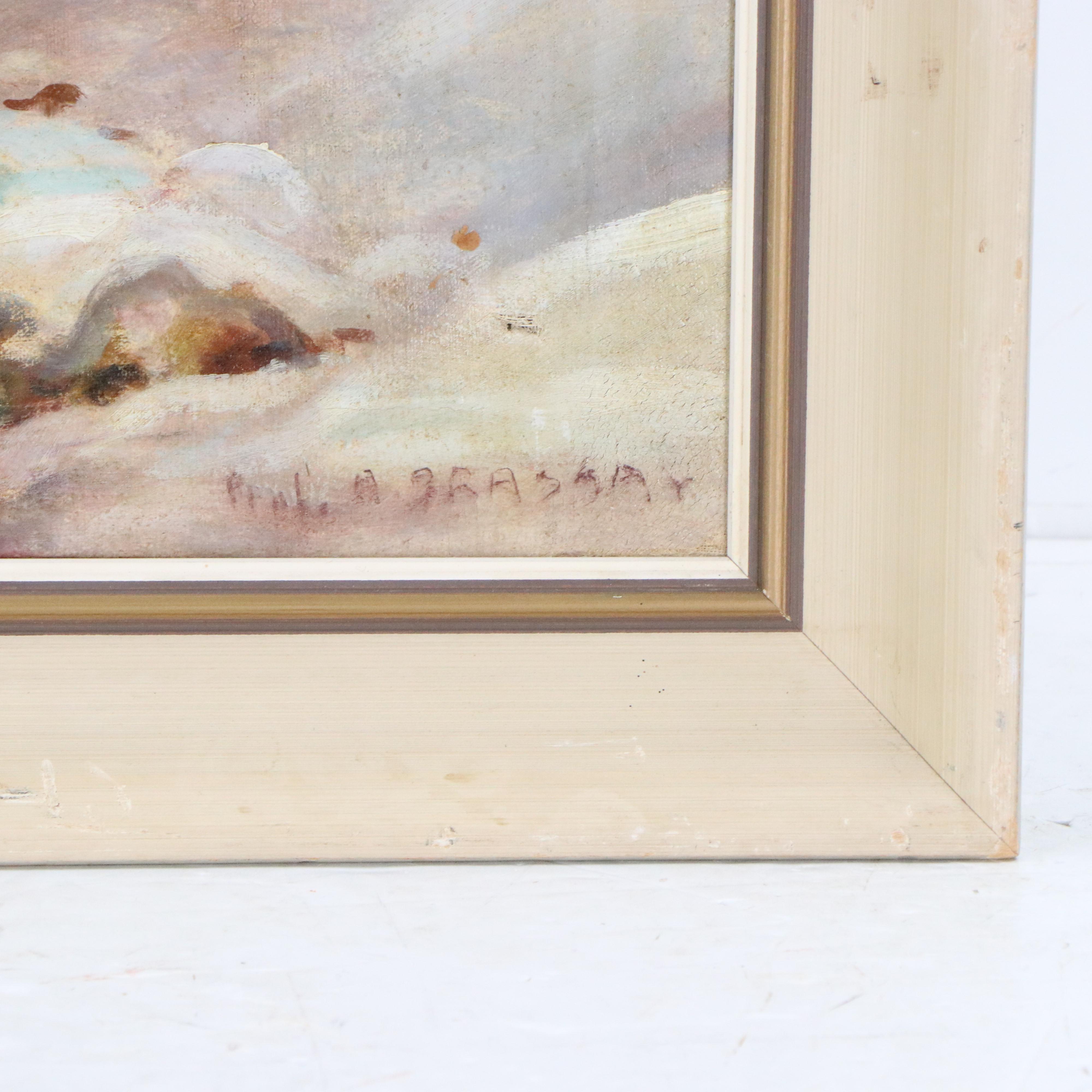 Oil Painting of Winter Mountain Farm Scene, Mid-20th Century