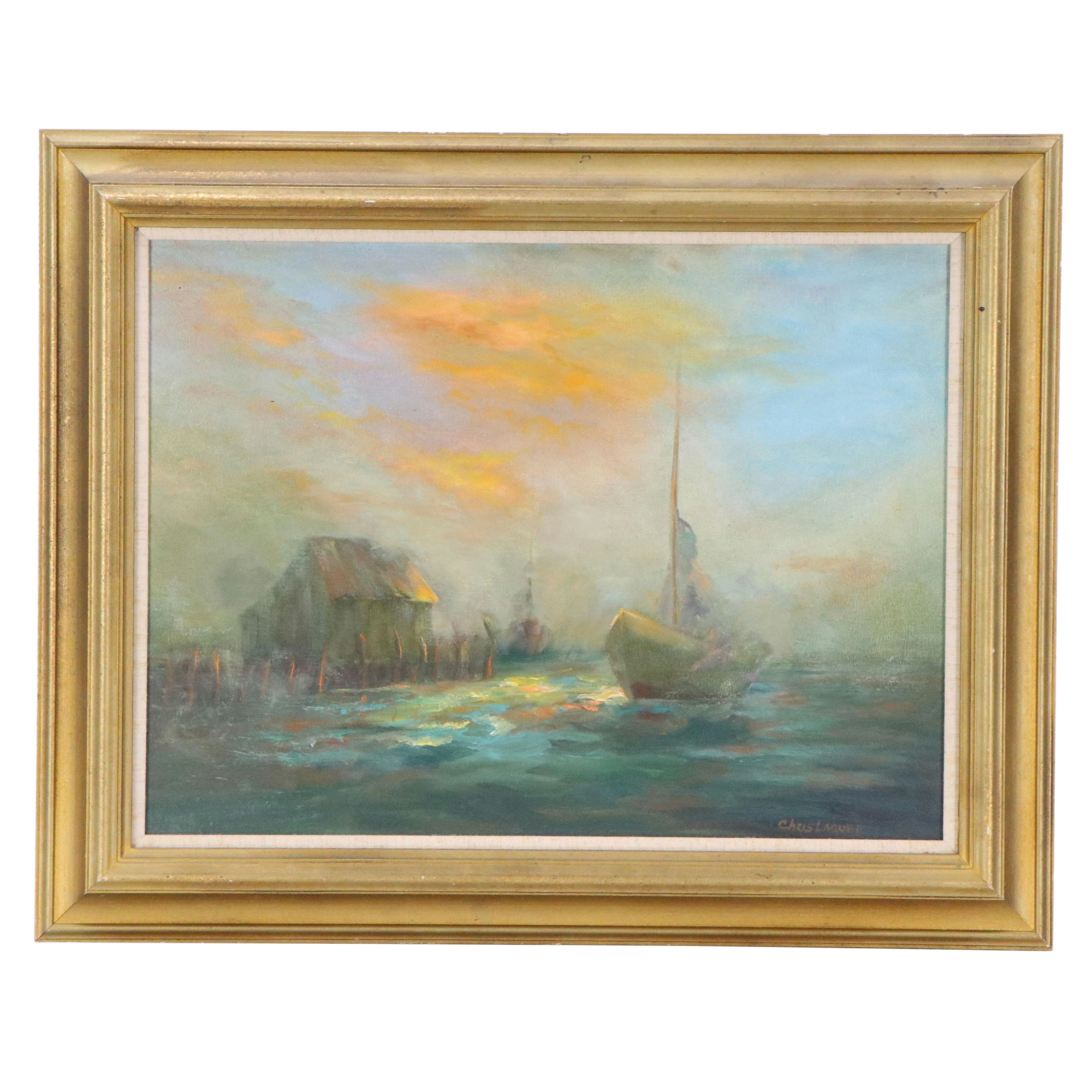 Chris Laquer Oil Painting of Harbor Scene at Sunset, Mid 20th Century
