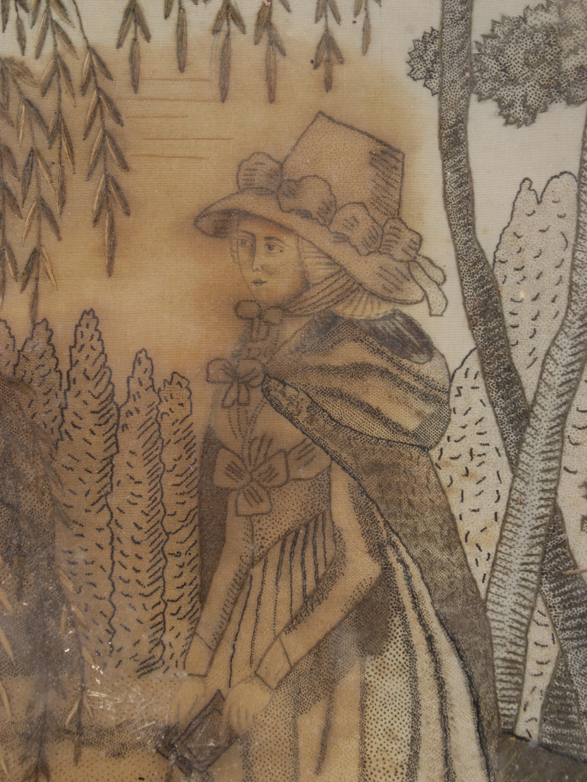 Georgian Black Silkwork Embroidery in Oval Frame, 19th Century