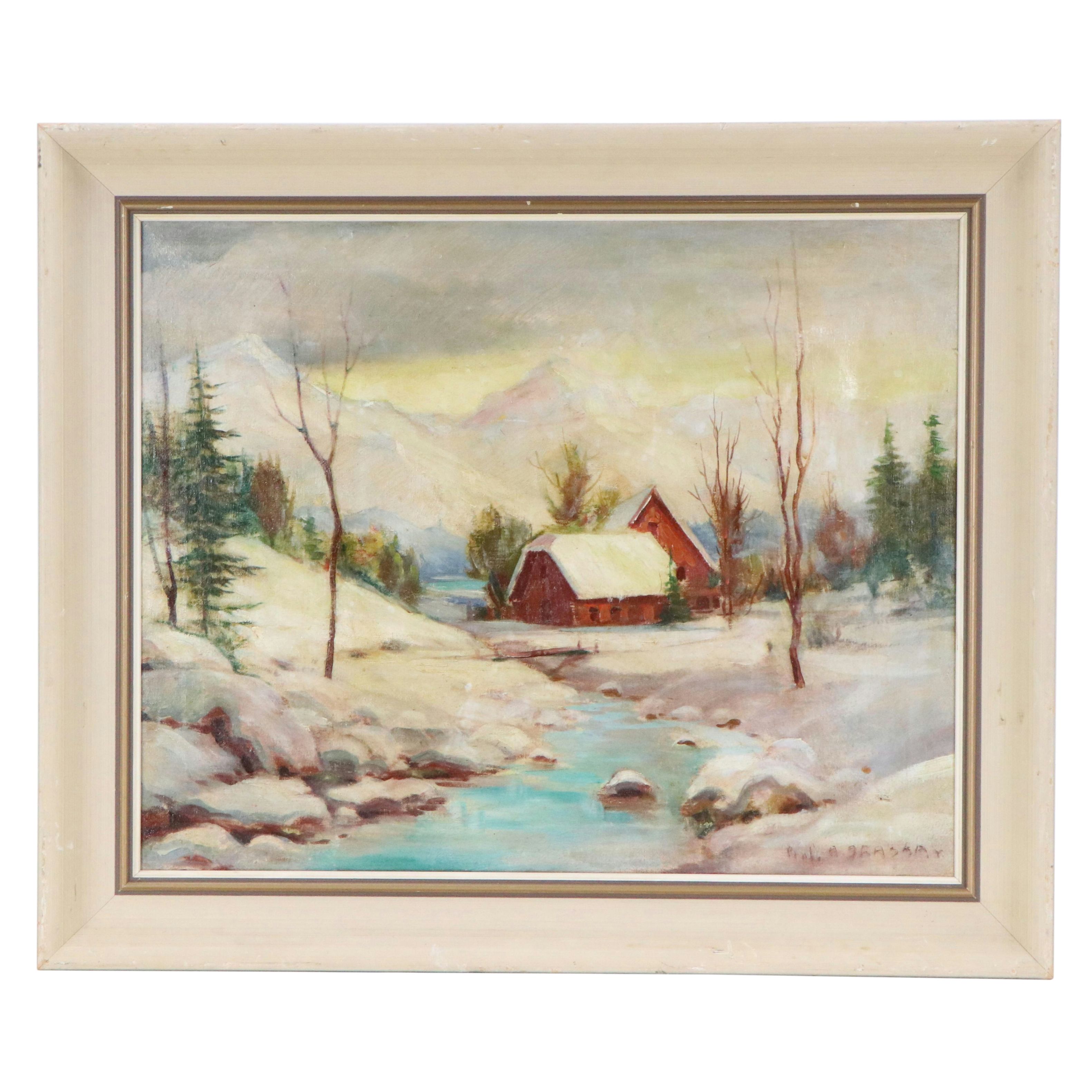 Oil Painting of Winter Mountain Farm Scene, Mid-20th Century