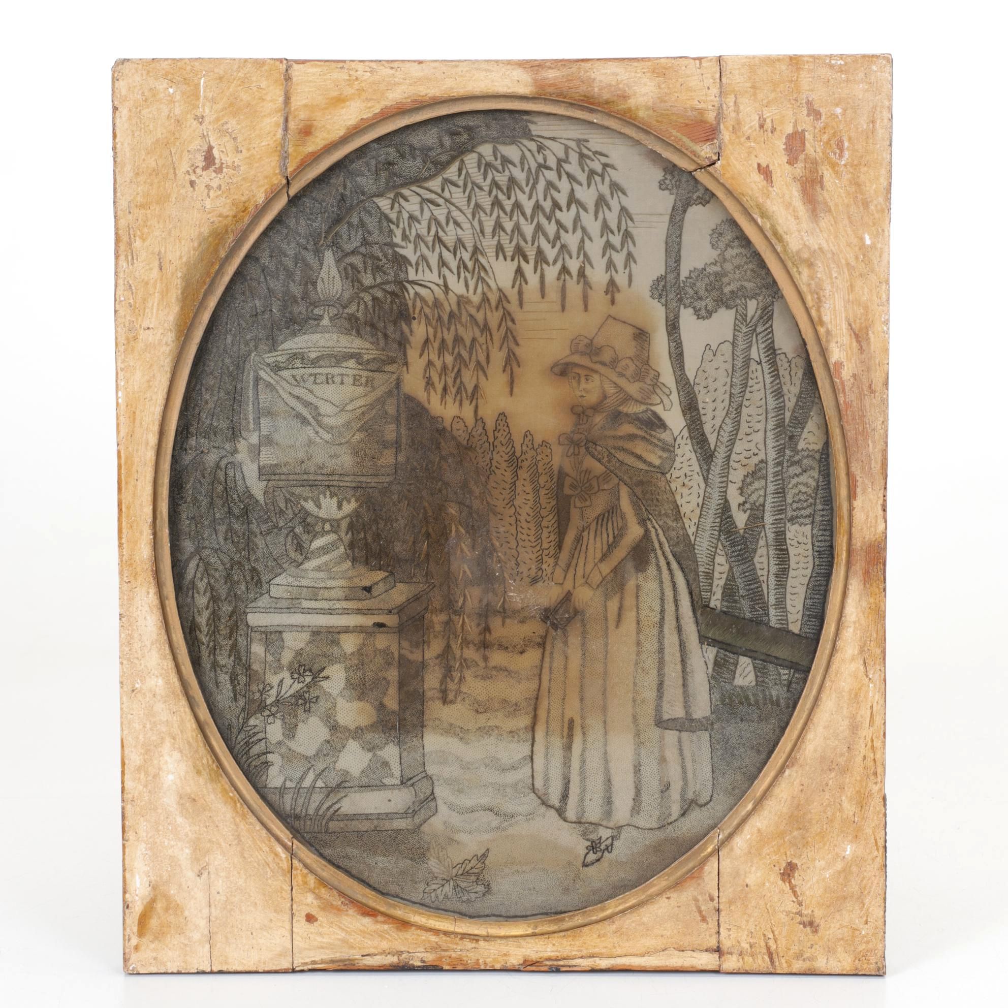 Georgian Black Silkwork Embroidery in Oval Frame, 19th Century