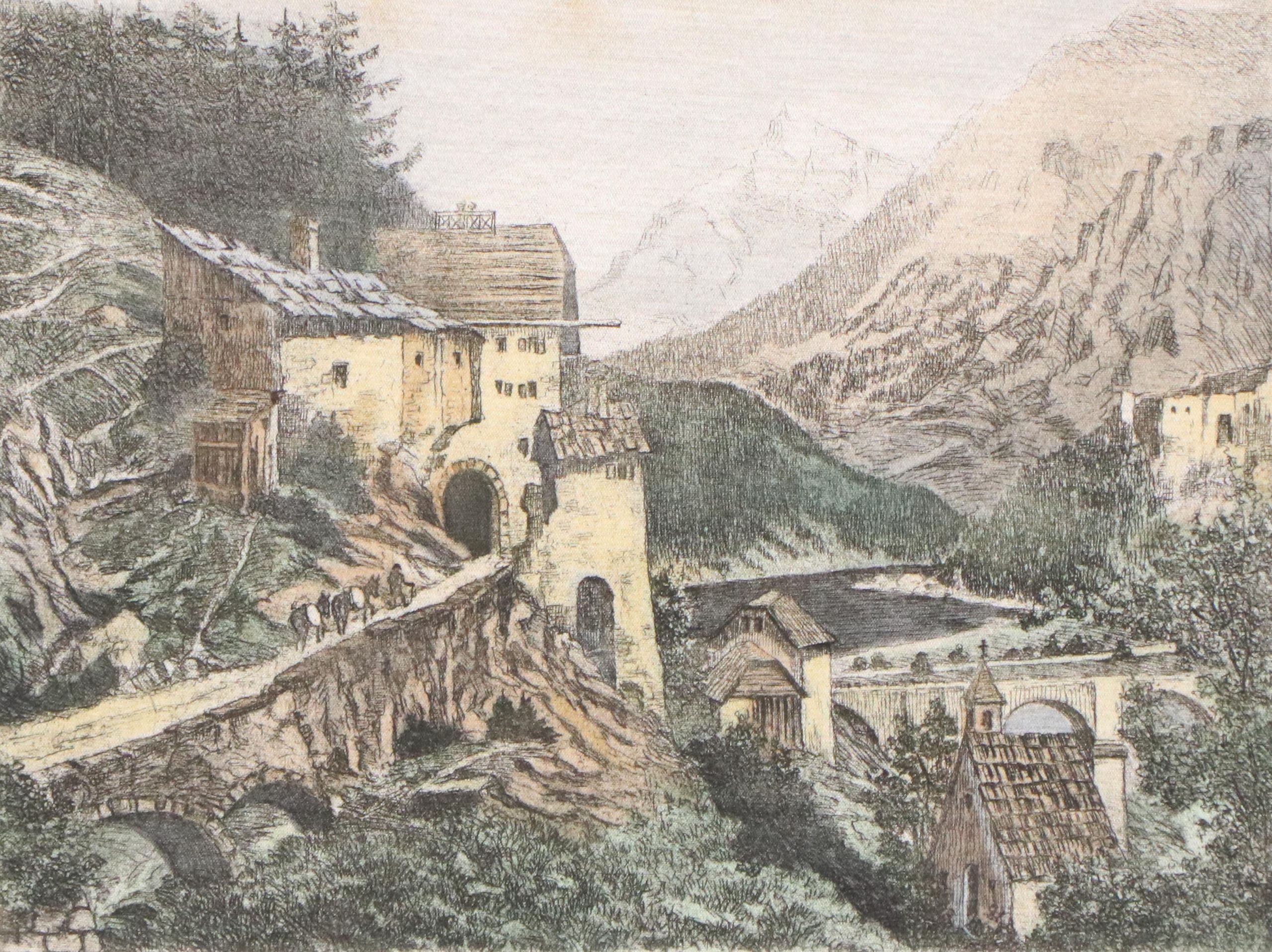 Hans Leisch Colored Etching of Alpine Mountain Pass, Mid-20th Century
