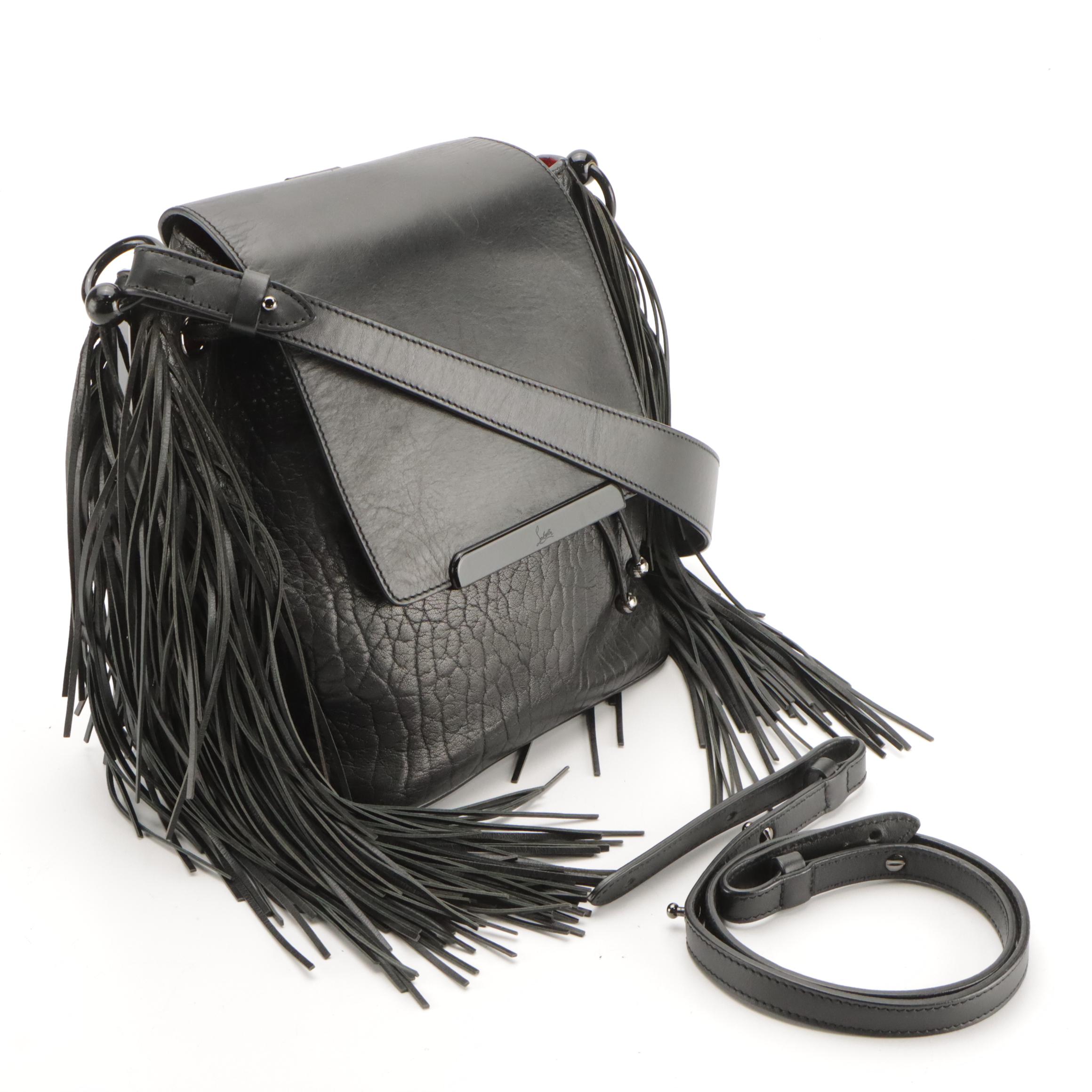 Christian Louboutin Black Leather Fringe Lucky L Bucket Convertible Backpack Bag