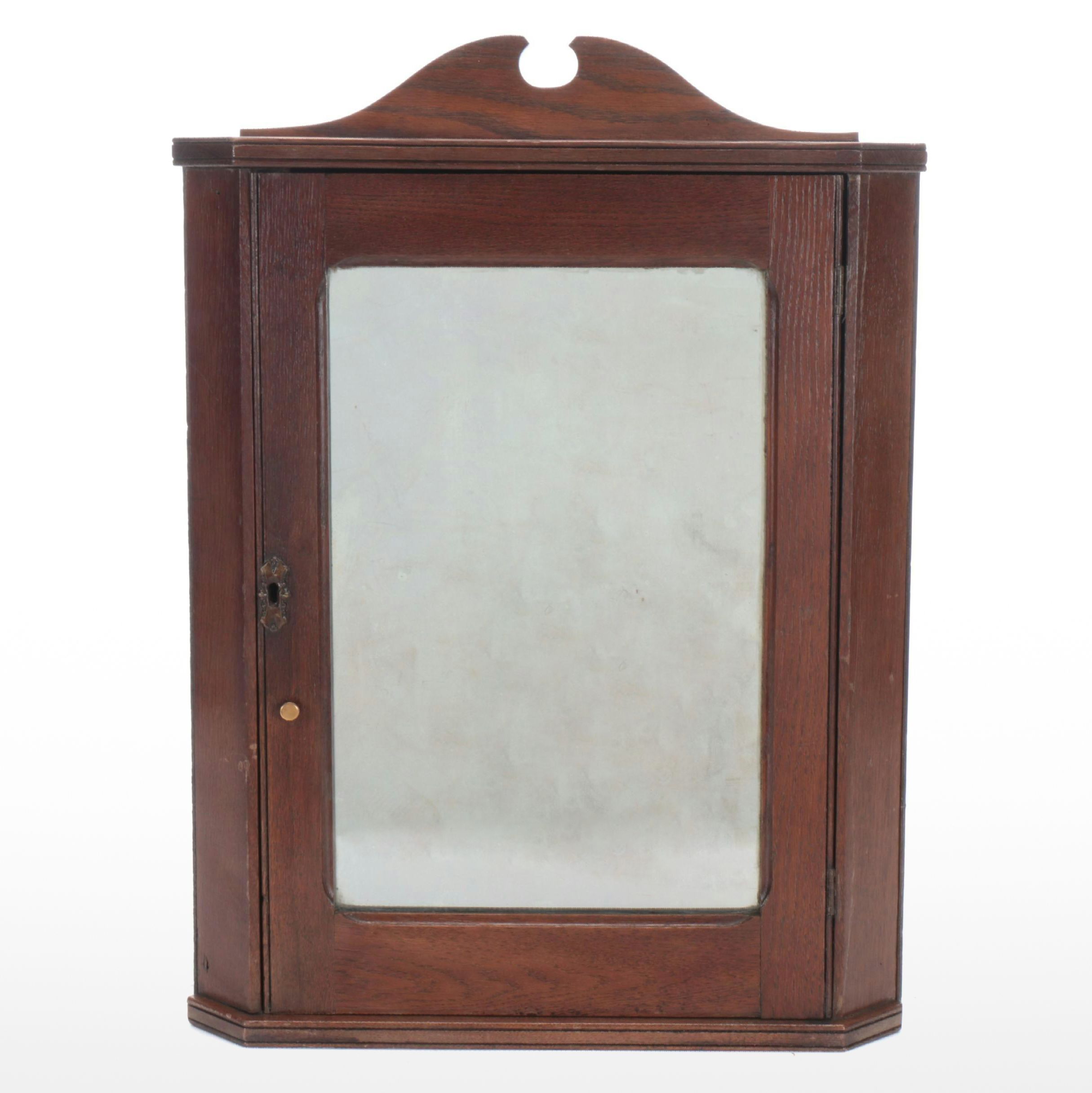 American Primitive Mirrored Oak Wall Mount Corner Cabinet