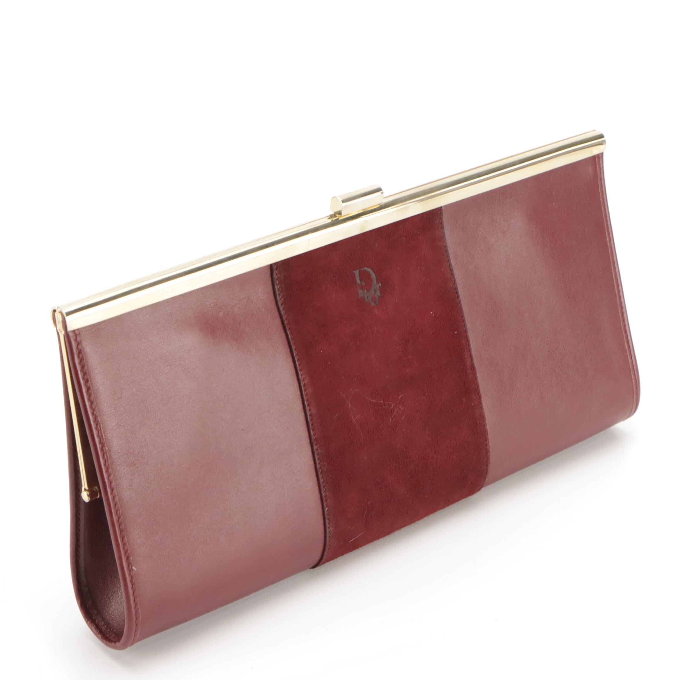 Christian Dior Burgundy Leather and Suede Clutch
