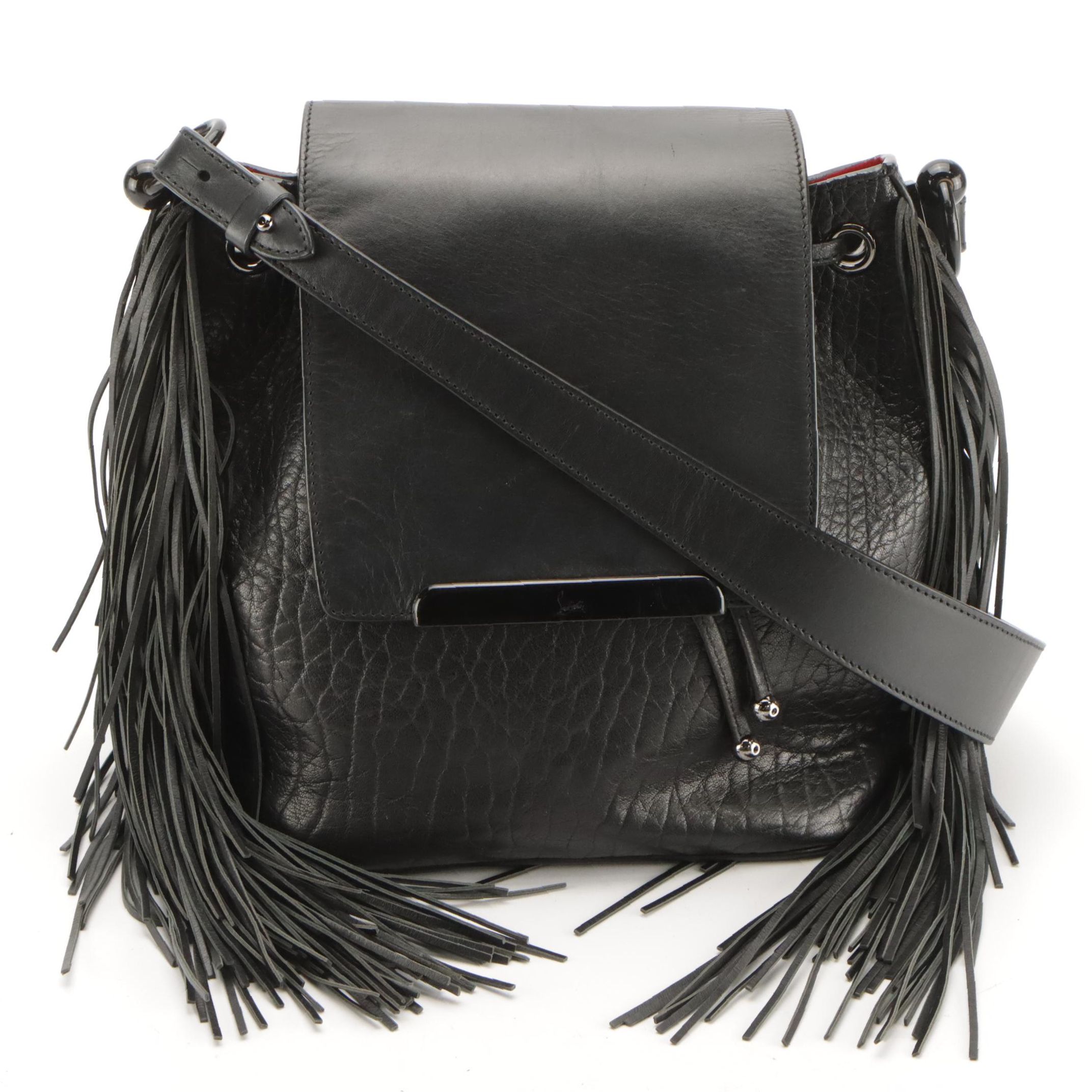 Christian Louboutin Black Leather Fringe Lucky L Bucket Convertible Backpack Bag
