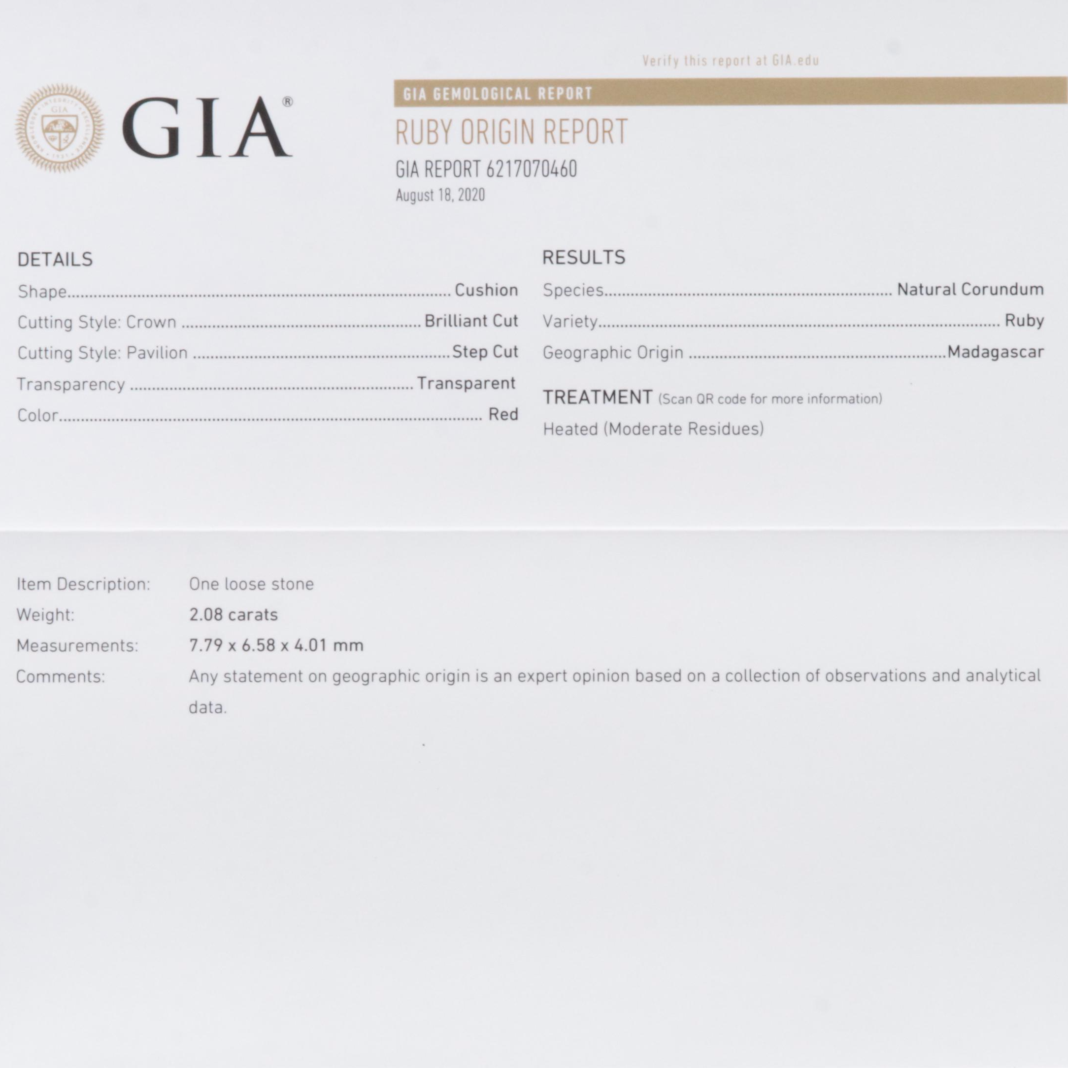 Loose 2.08 CT Madagascar Ruby with GIA Report