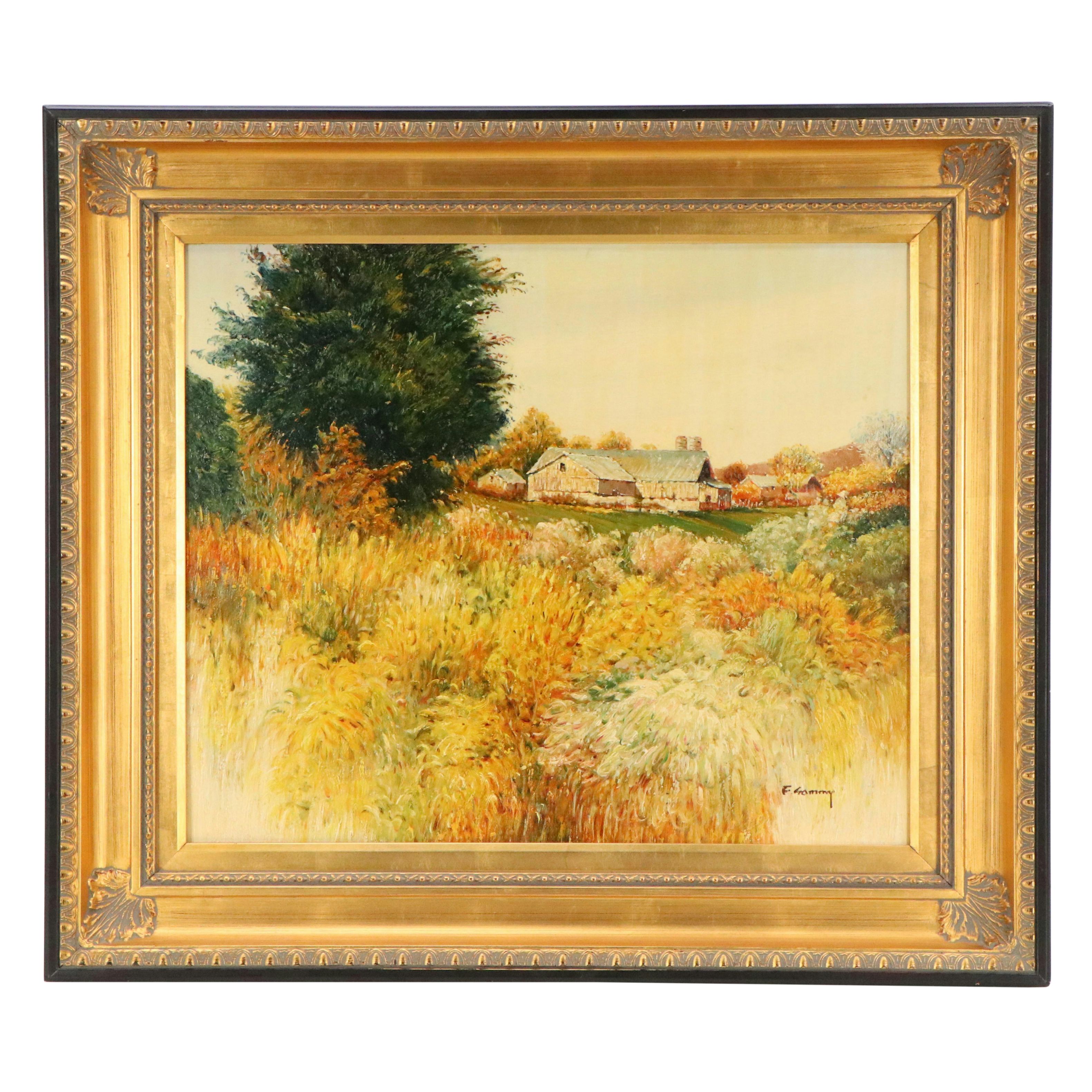 F. Sammy Countryside Farmhouse Oil Painting, Late 20th Century