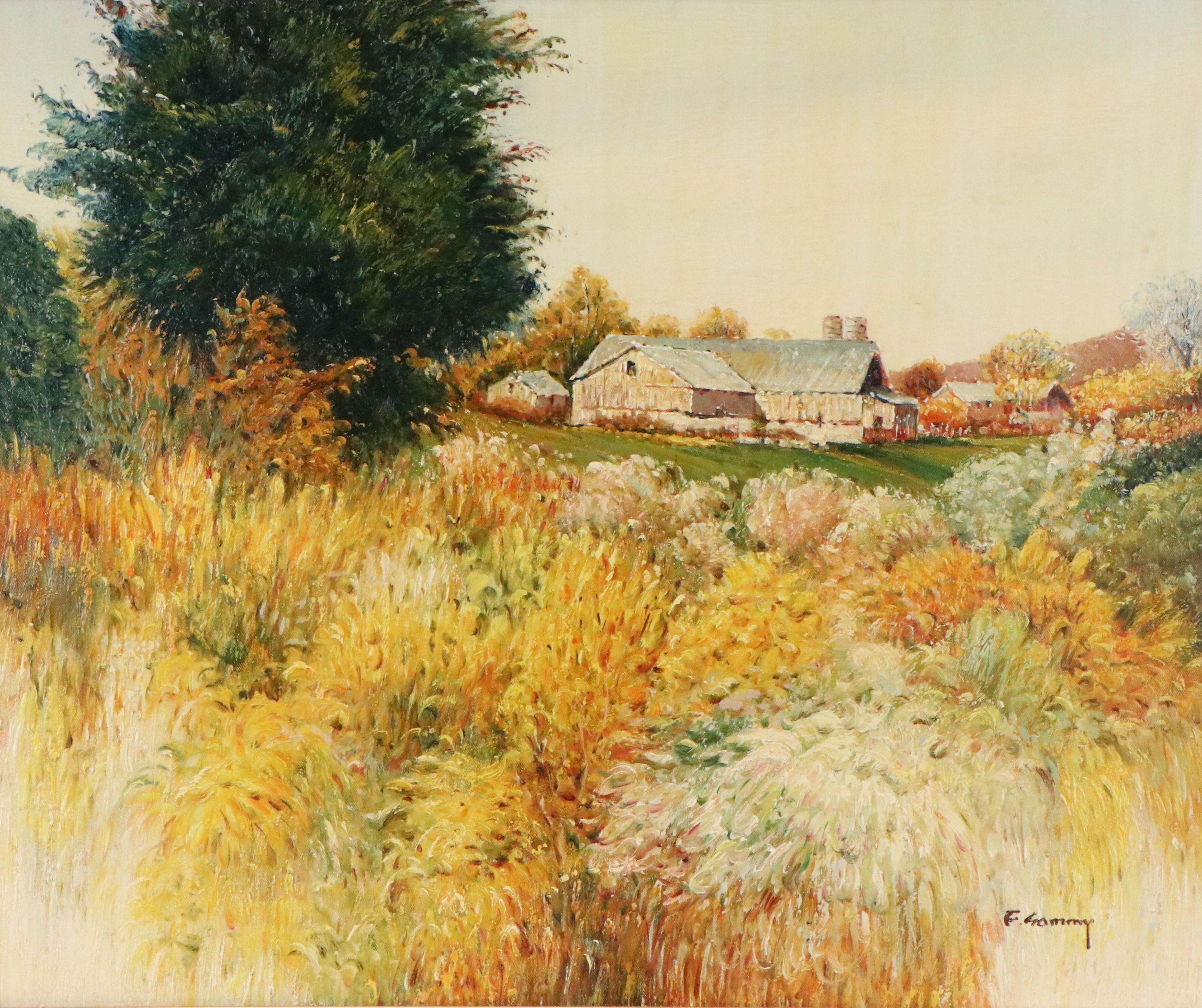 F. Sammy Countryside Farmhouse Oil Painting, Late 20th Century