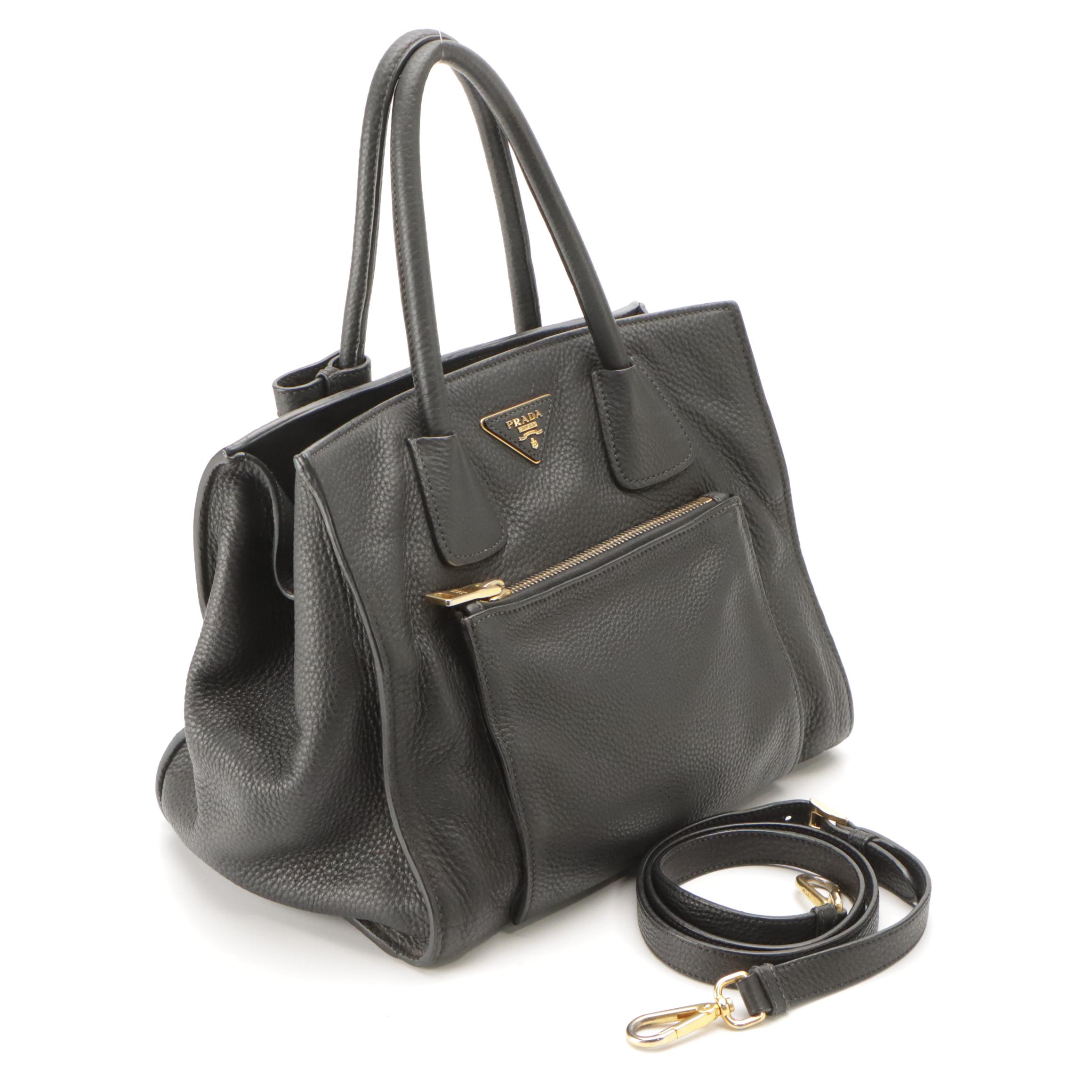 Prada Wing Two-Way Tote Bag with Front Pocket in Black Vitello Daino Leather
