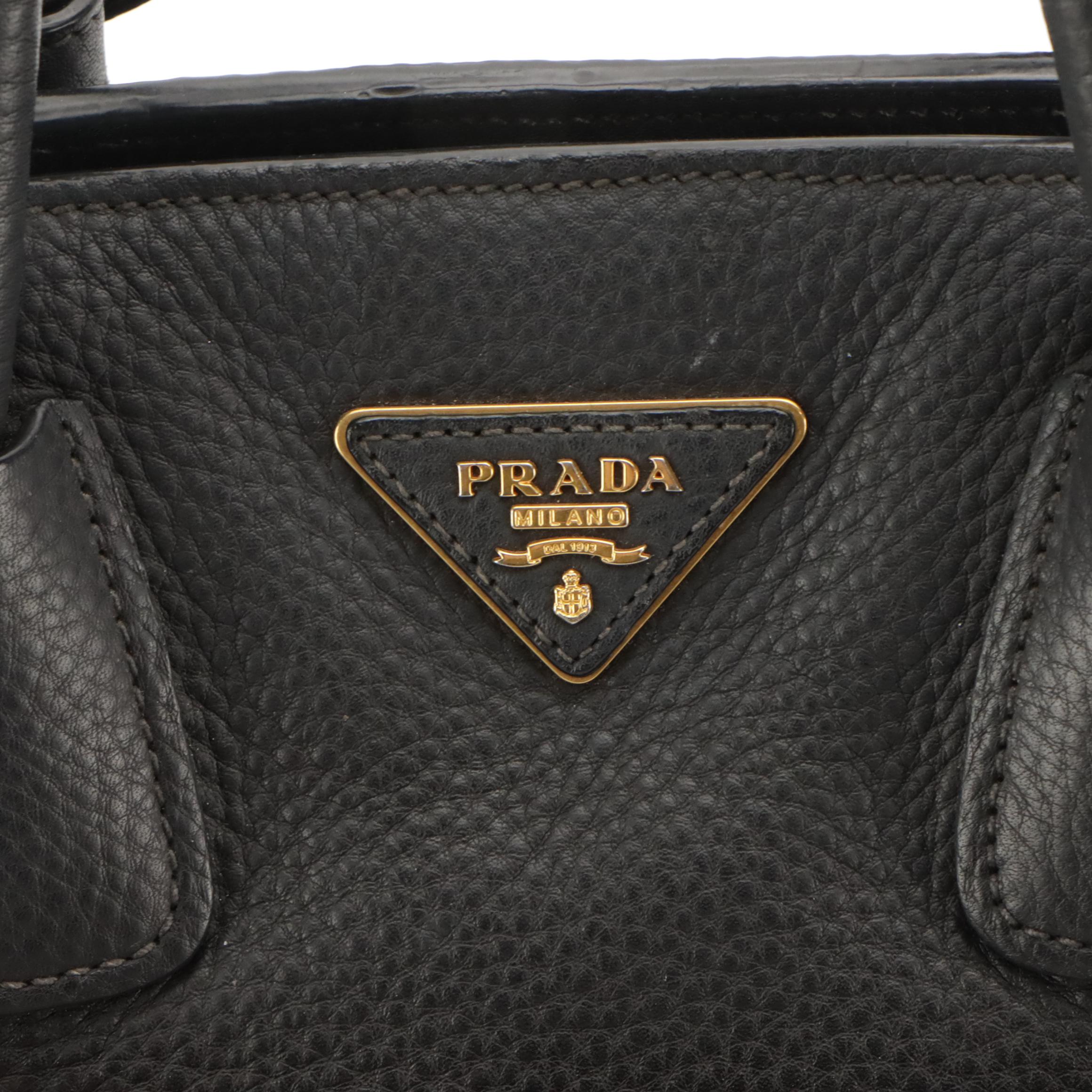 Prada Wing Two-Way Tote Bag with Front Pocket in Black Vitello Daino Leather