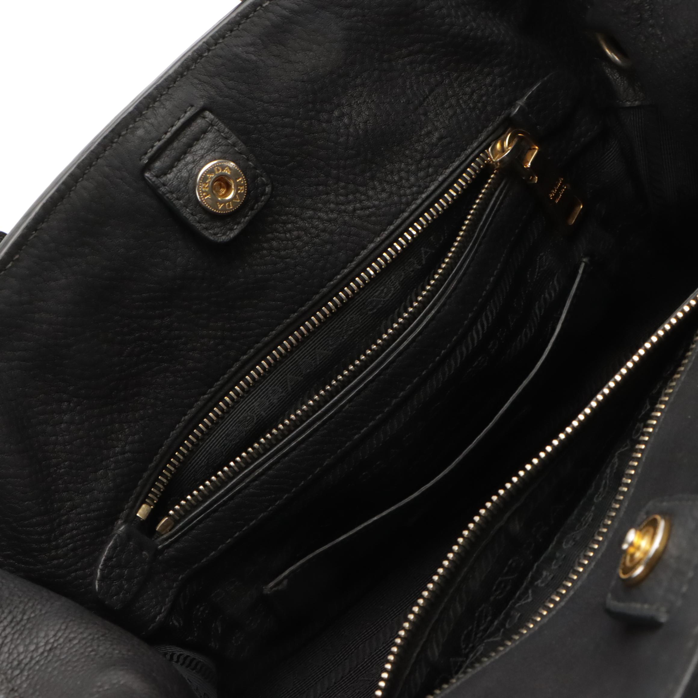 Prada Wing Two-Way Tote Bag with Front Pocket in Black Vitello Daino Leather