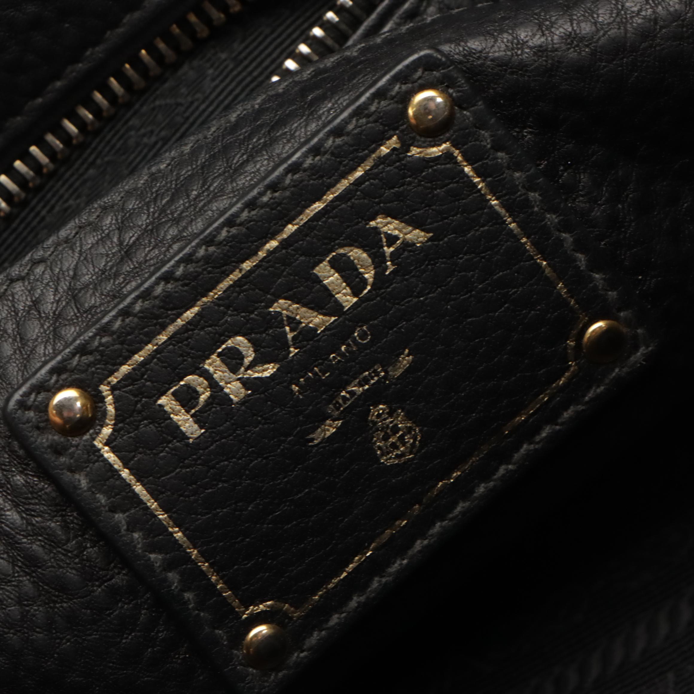 Prada Wing Two-Way Tote Bag with Front Pocket in Black Vitello Daino Leather