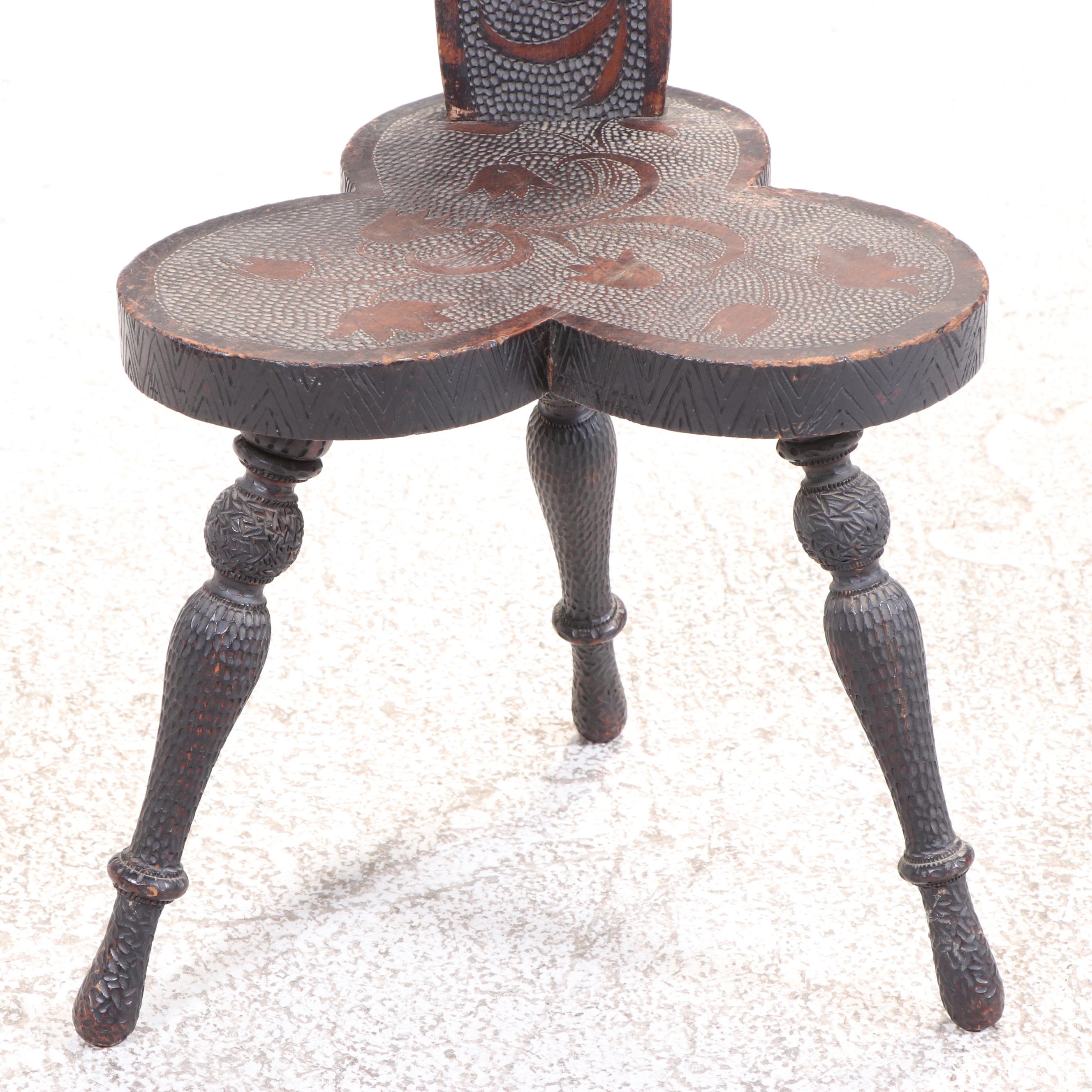 Pyrography-Decorated Spinning Chair, Early 20th Century