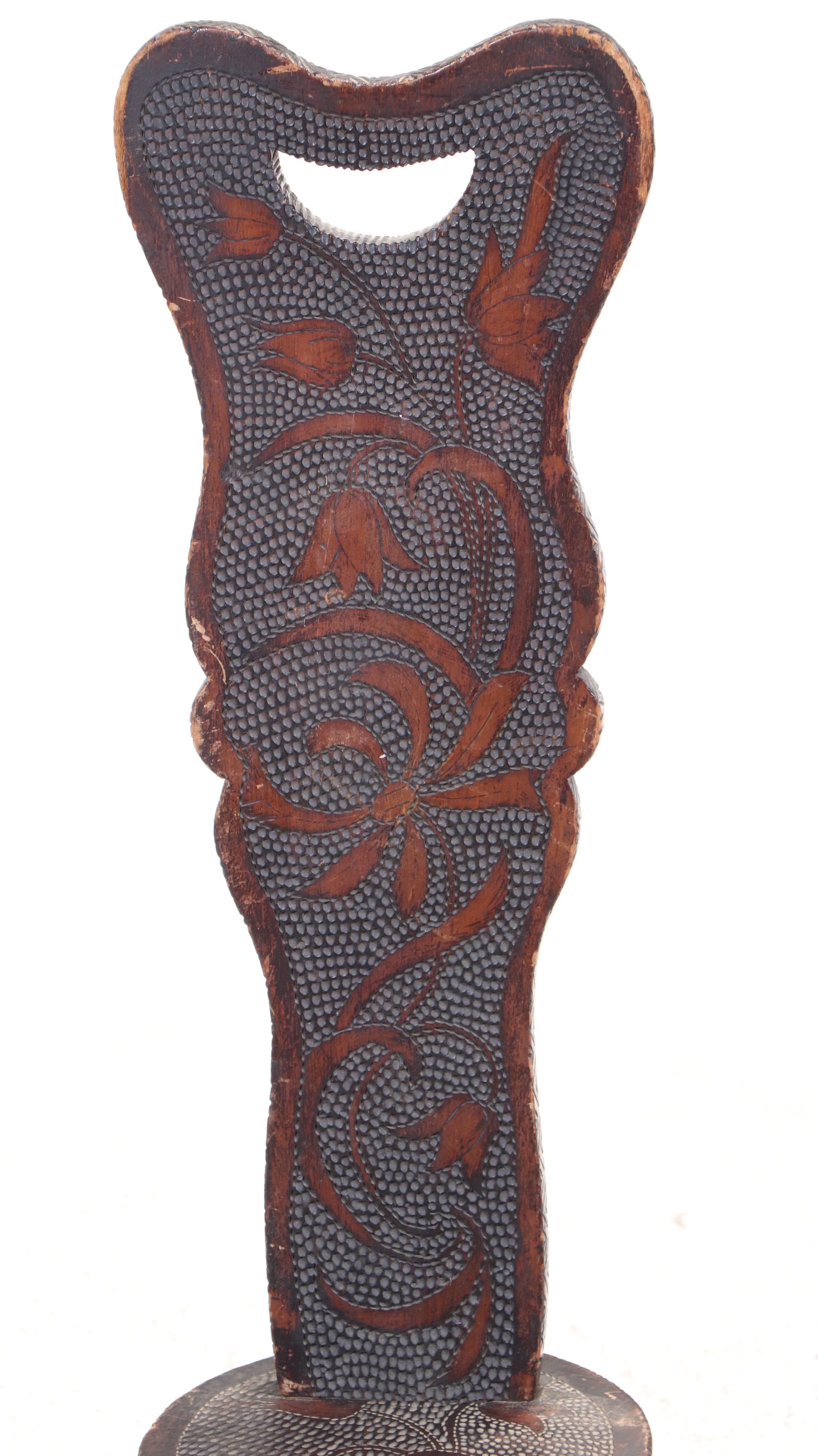 Pyrography-Decorated Spinning Chair, Early 20th Century