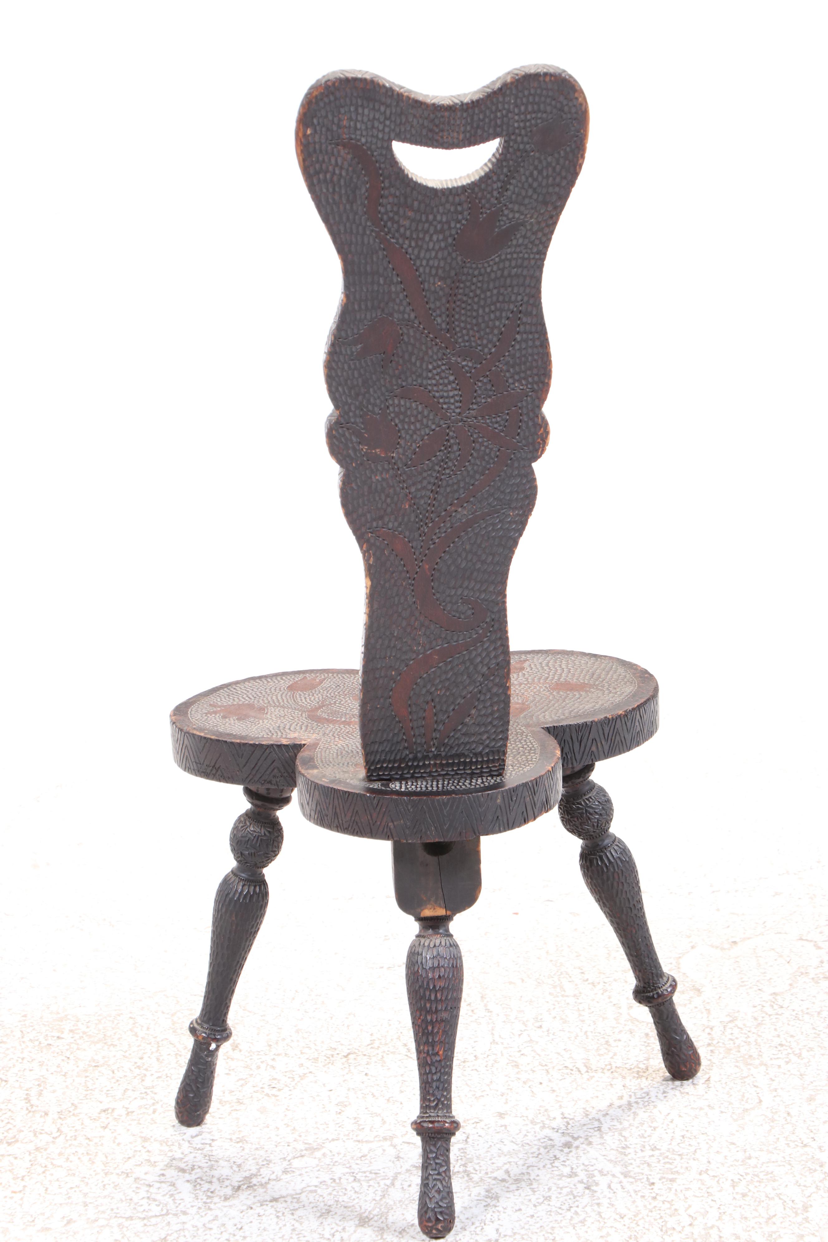 Pyrography-Decorated Spinning Chair, Early 20th Century