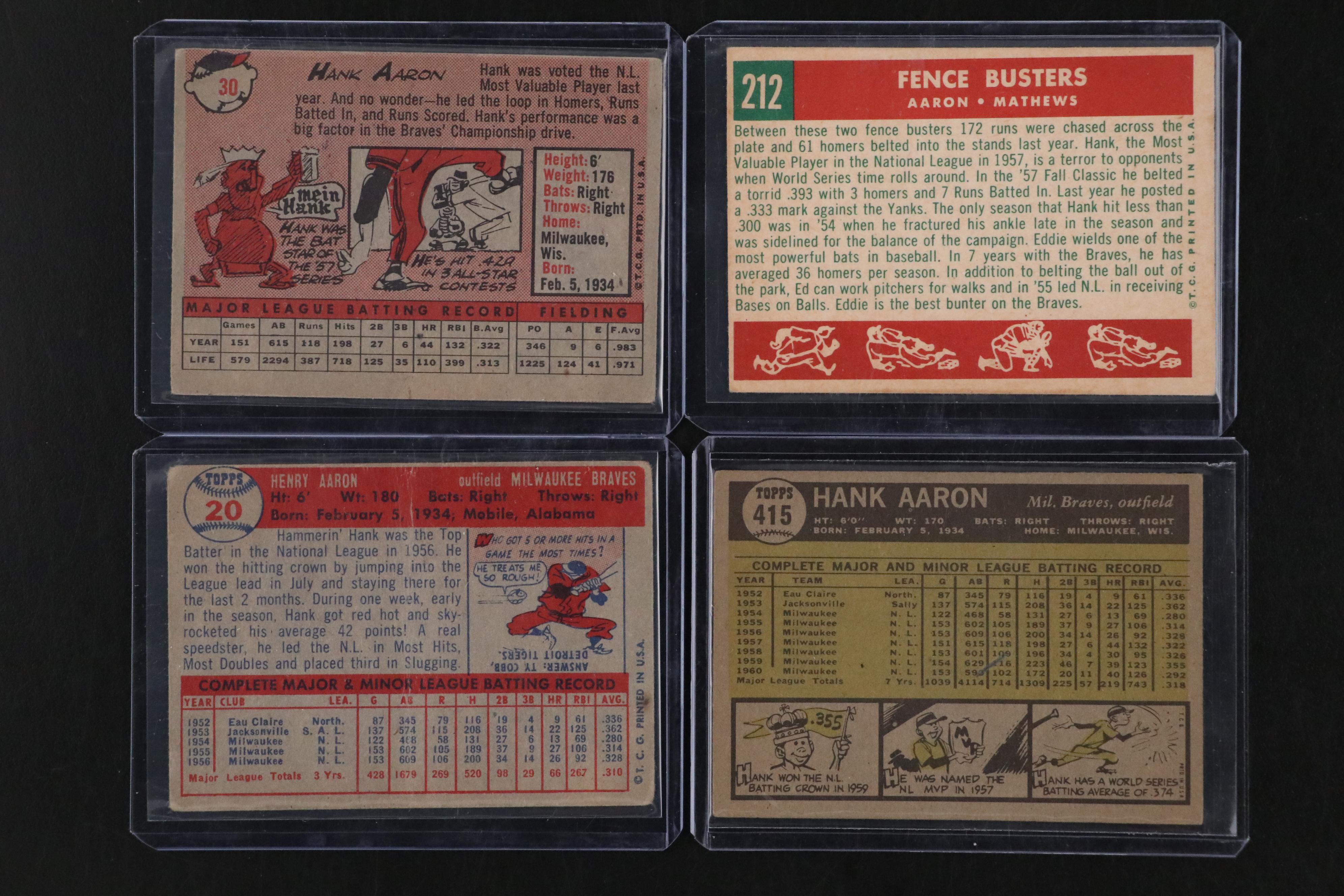 Topps Hank Aaron Milwaukee Braves Baseball Cards, 1950s–1960s