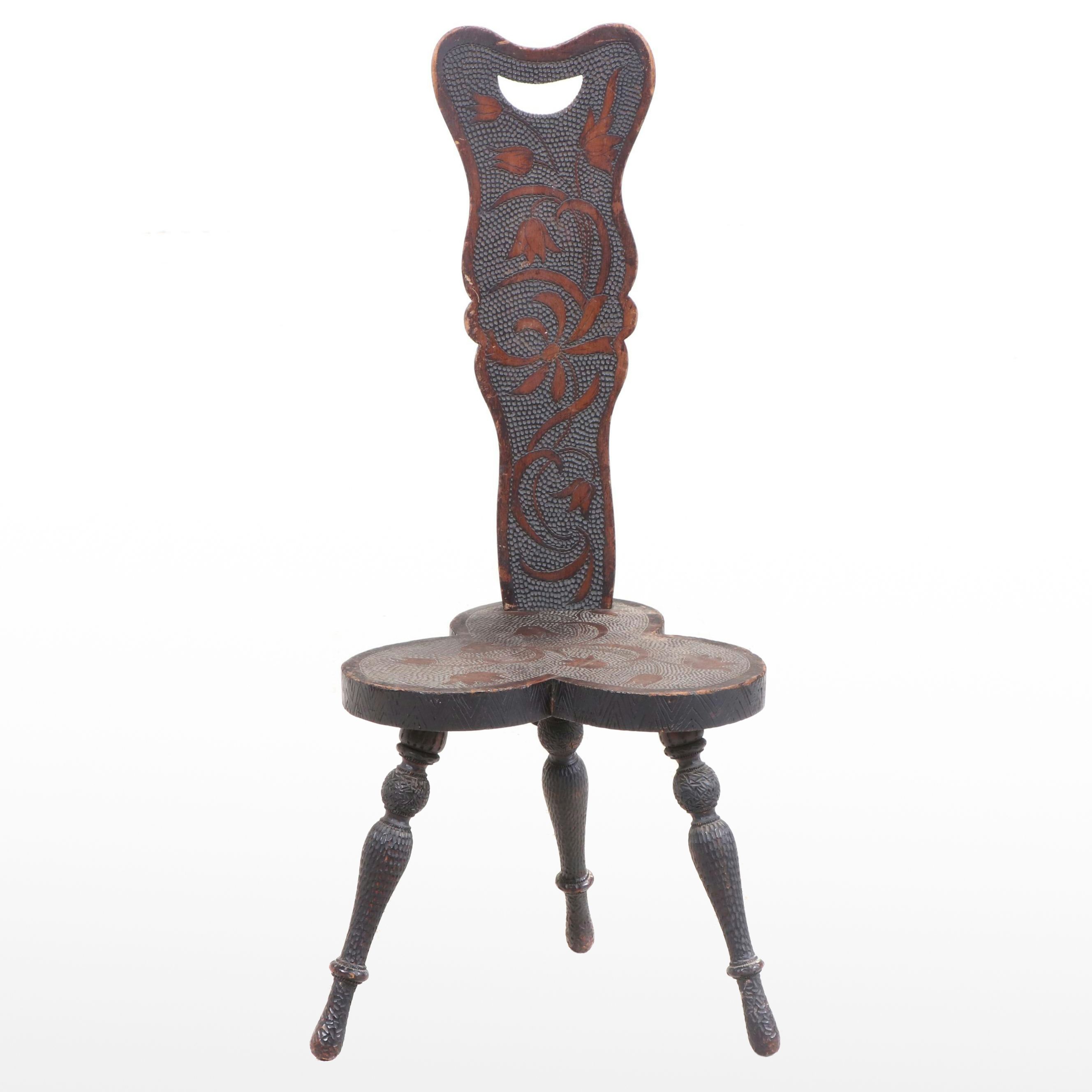 Pyrography-Decorated Spinning Chair, Early 20th Century