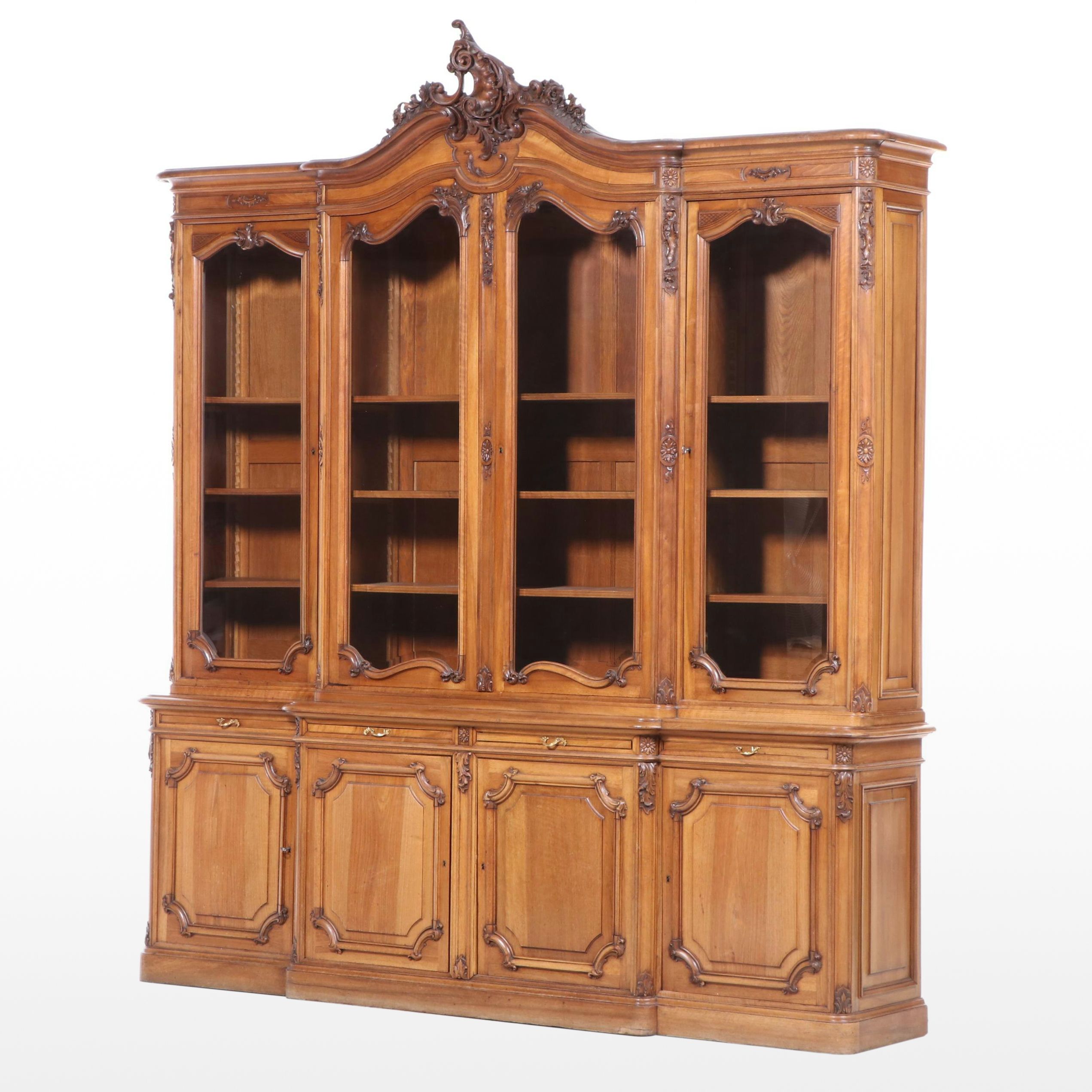 Monumental French Carved Walnut Bookcase