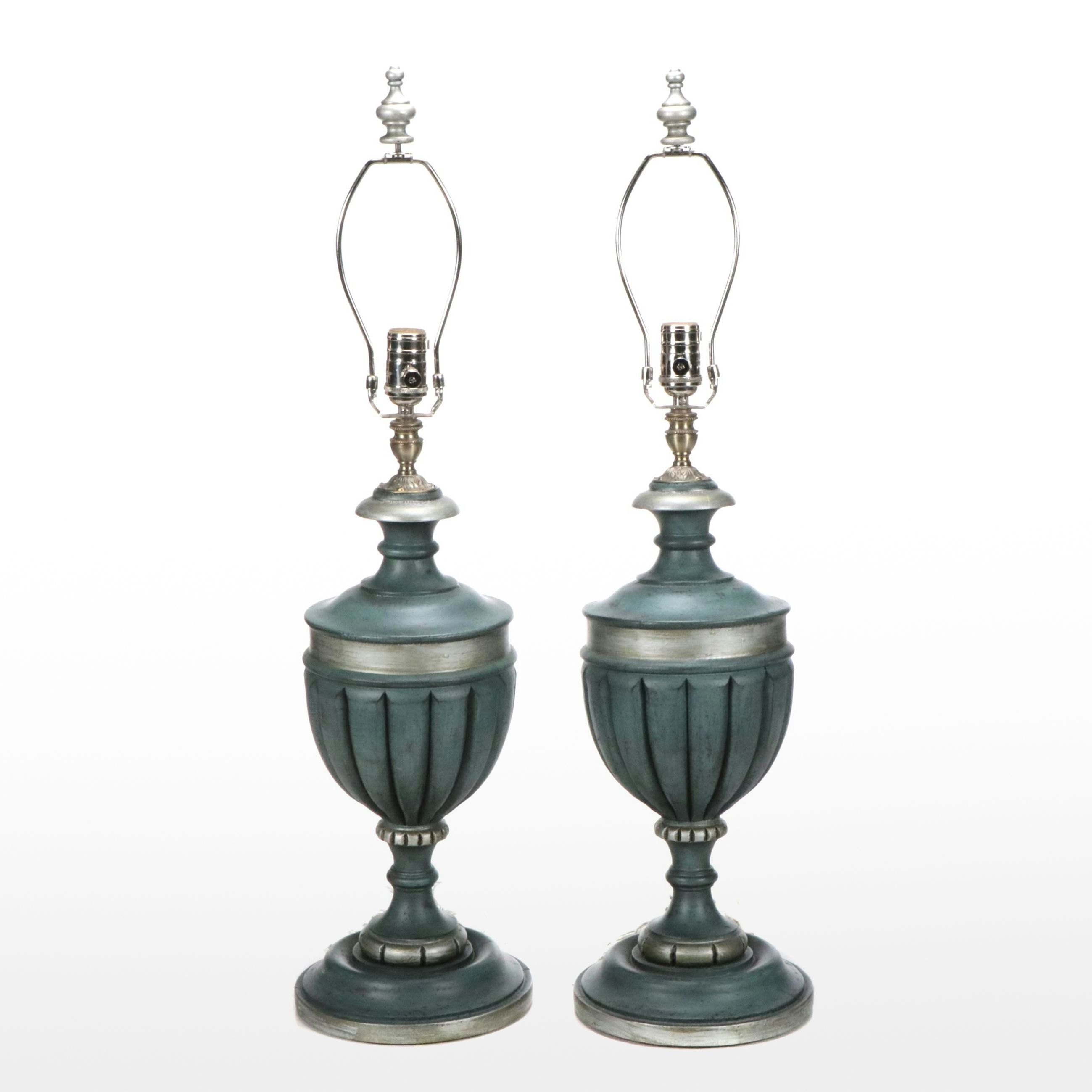 Bradburn Gallery Silver Gilt and Aegean Blue Ribbed Urn Table Lamps, 21st C.